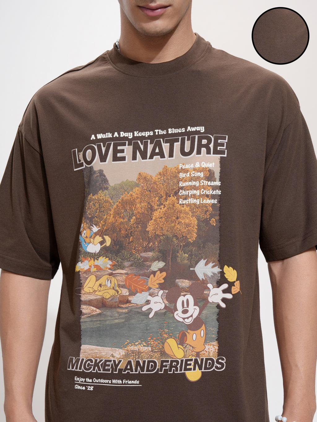 Disney By Highlander Men Brown Mickey And Friends Printed Round Neck Oversized Fit T-Shirt - Brown - Image 5