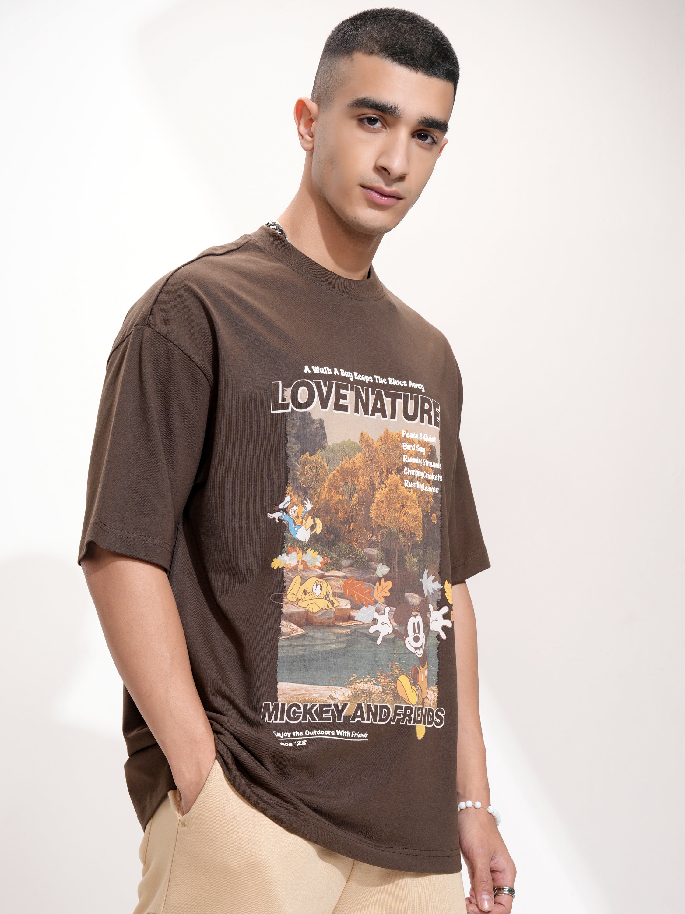 Disney By Highlander Men Brown Mickey And Friends Printed Round Neck Oversized Fit T-Shirt - Brown - Image 6