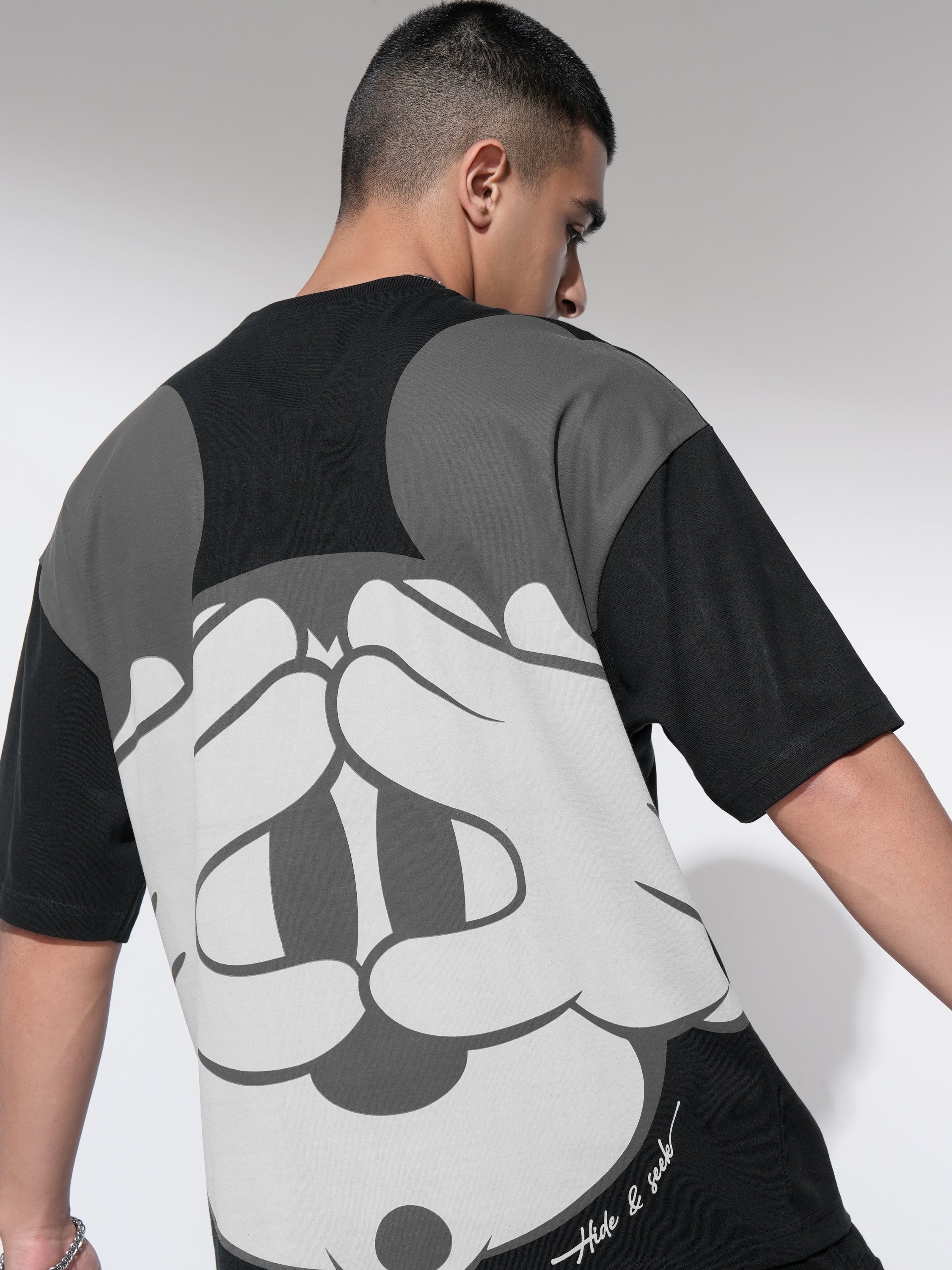 Disney By Highlander Men Black Mickey Mouse Printed Round Neck Oversized Fit T-Shirt - Black - Image 1
