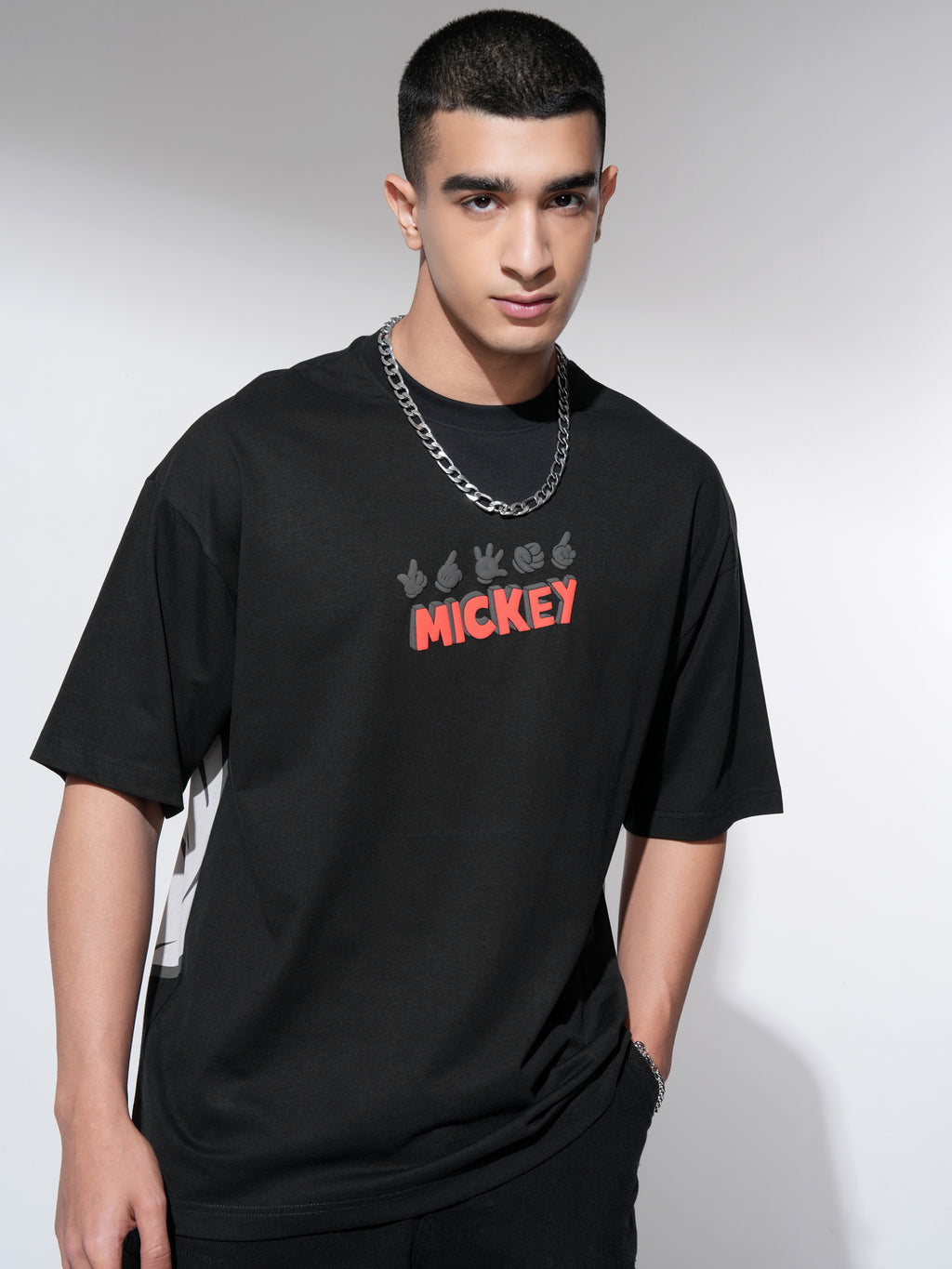 Disney By Highlander Men Black Mickey Mouse Printed Round Neck Oversized Fit T-Shirt - Black - Image 3
