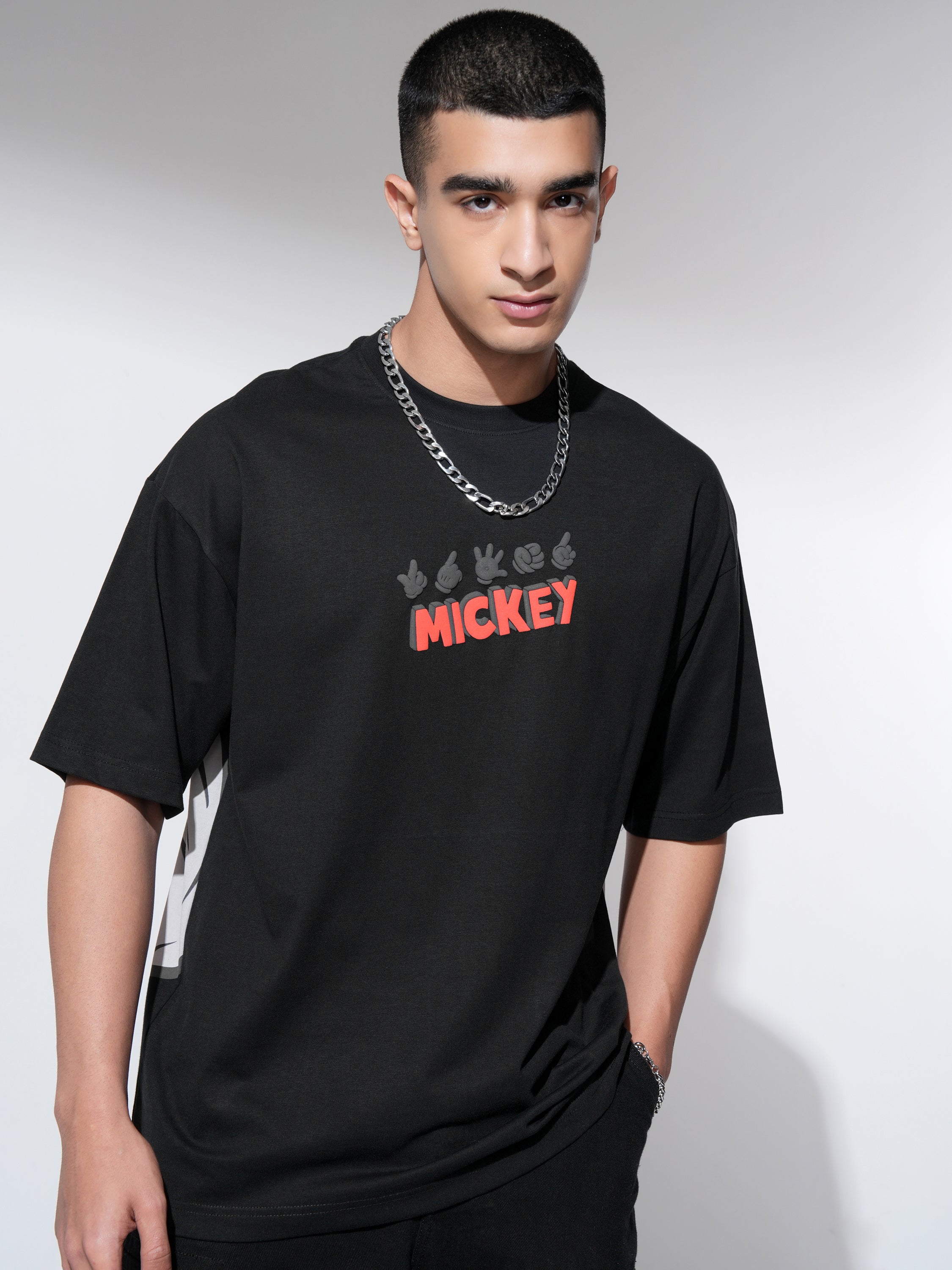 Disney By Highlander Men Black Mickey Mouse Printed Round Neck Oversized Fit T-Shirt - Black - Image 3