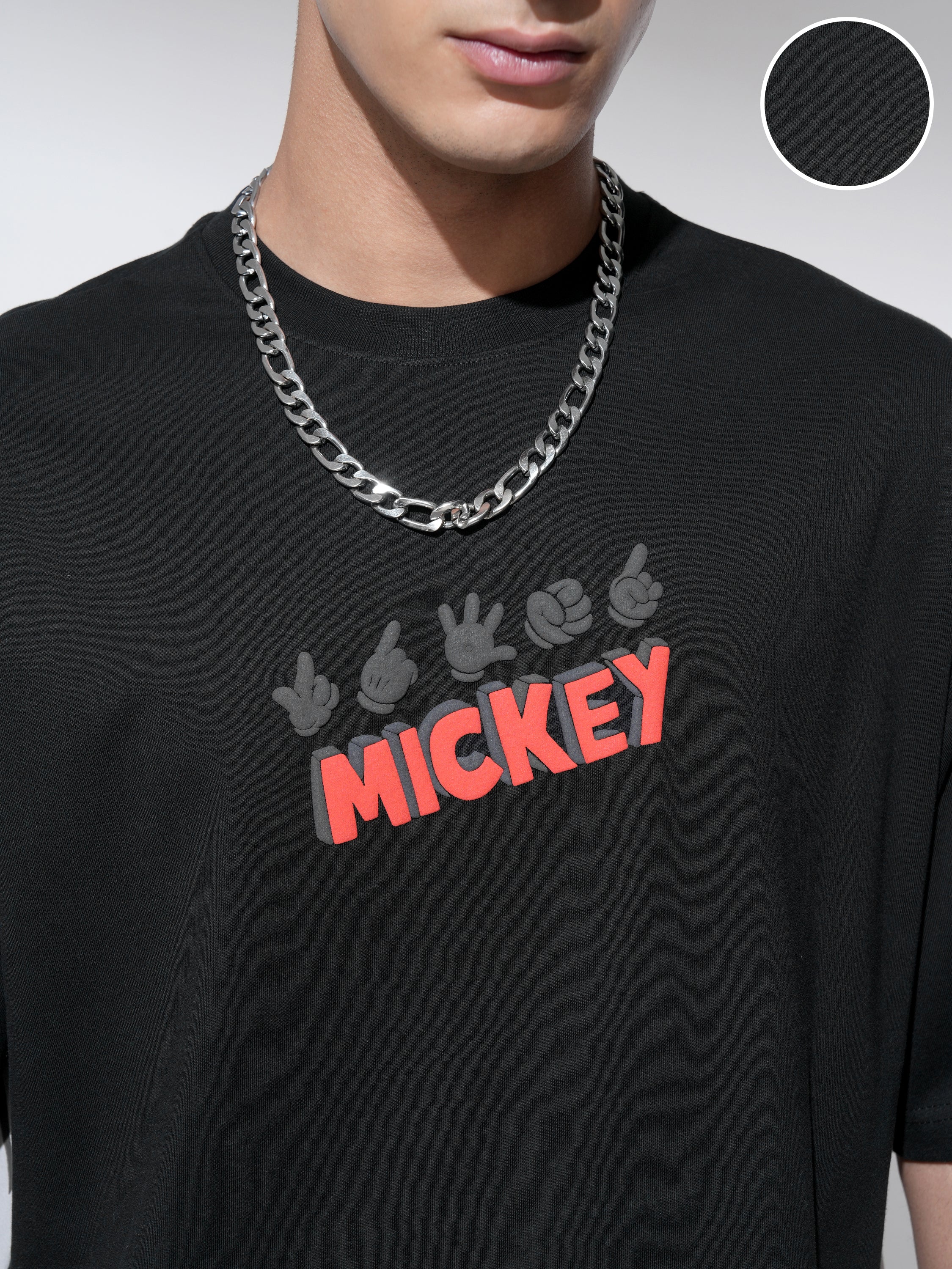 Disney By Highlander Men Black Mickey Mouse Printed Round Neck Oversized Fit T-Shirt - Black - Image 5