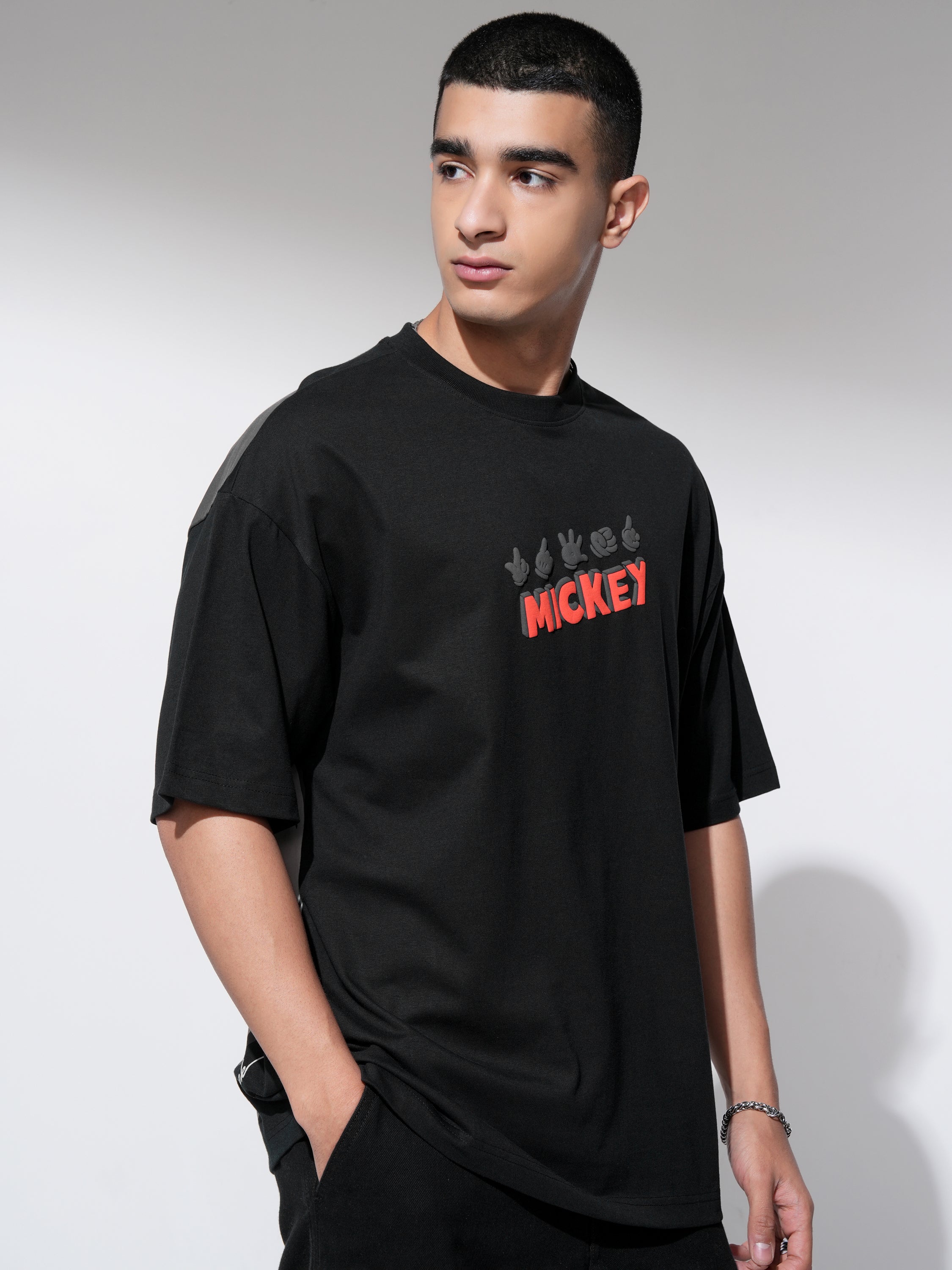 Disney By Highlander Men Black Mickey Mouse Printed Round Neck Oversized Fit T-Shirt - Black - Image 6