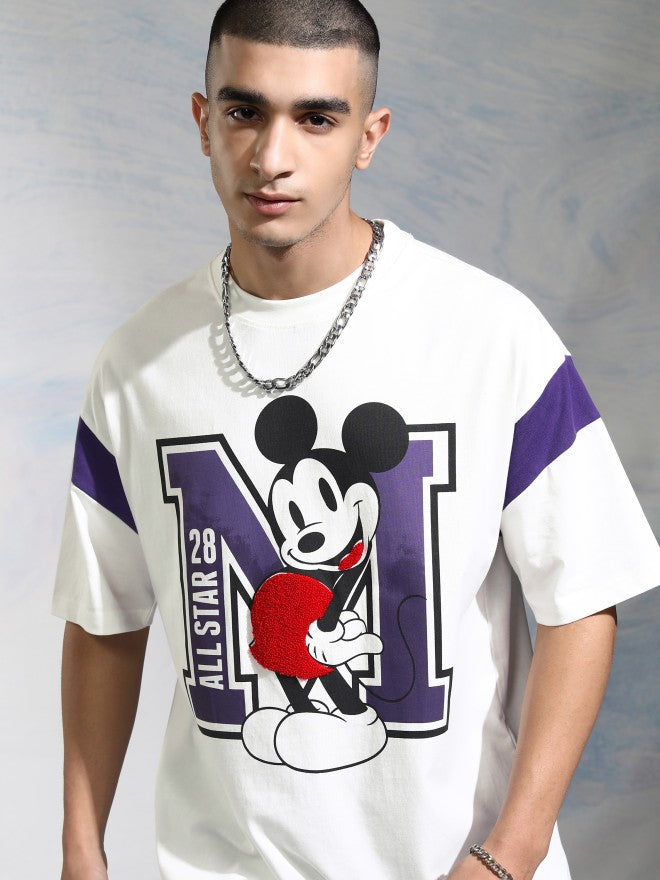 Disney By Highlander Men White Mickey Mouse Printed Round Neck Oversized Fit T-Shirt - White - Image 1
