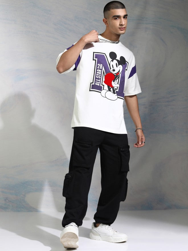 Disney By Highlander Men White Mickey Mouse Printed Round Neck Oversized Fit T-Shirt - White - Image 2