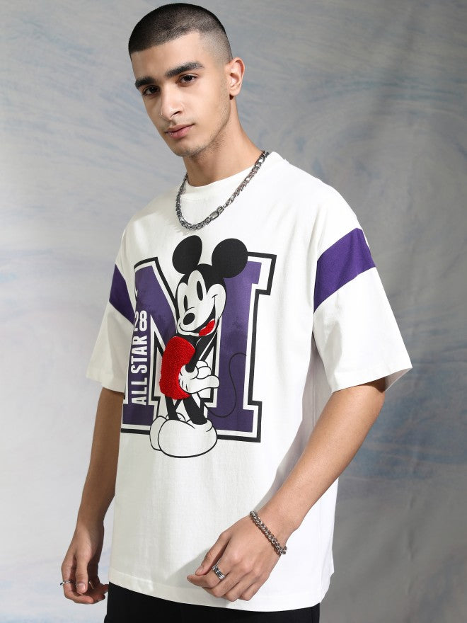 Disney By Highlander Men White Mickey Mouse Printed Round Neck Oversized Fit T-Shirt - White - Image 4