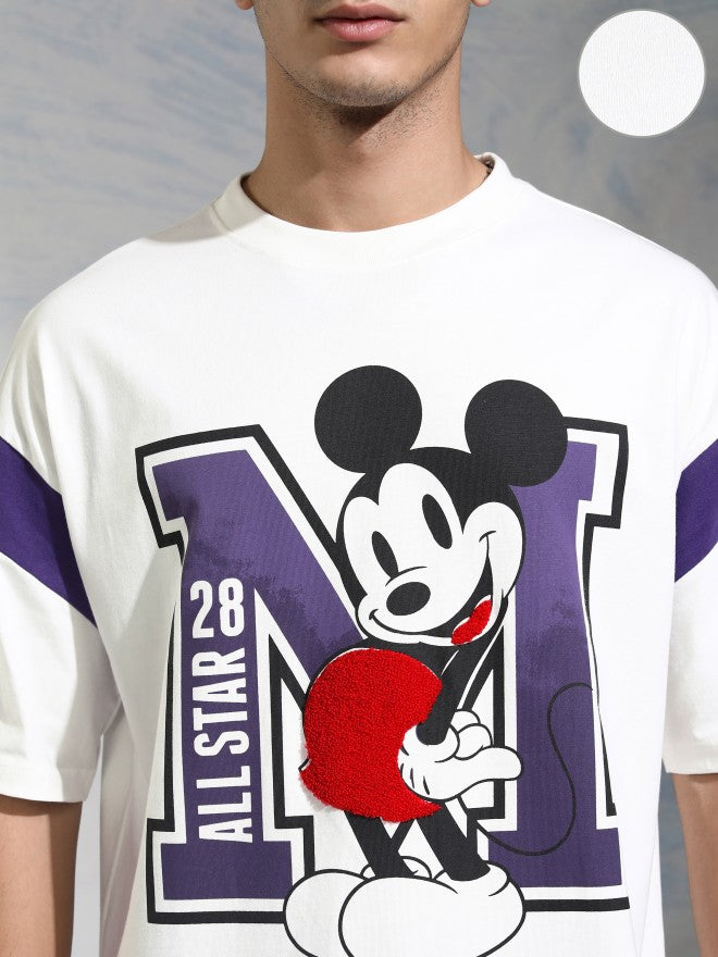 Disney By Highlander Men White Mickey Mouse Printed Round Neck Oversized Fit T-Shirt - White - Image 5