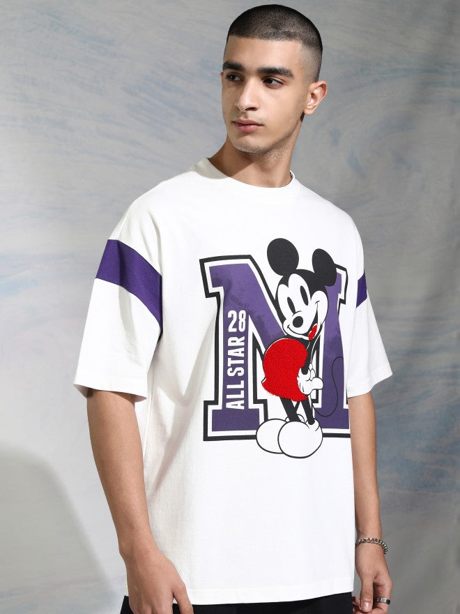 Disney By Highlander Men White Mickey Mouse Printed Round Neck Oversized Fit T-Shirt - White - Image 6