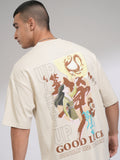 Disney By Highlander Men Cream Mulan Printed Round Neck Oversized Fit T-Shirt - Cream - Image 1