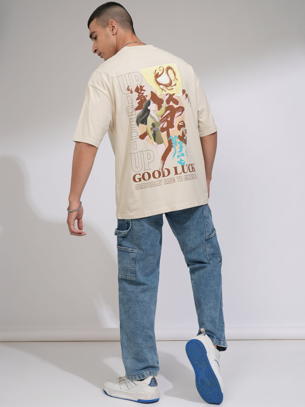 Disney By Highlander Men Cream Mulan Printed Round Neck Oversized Fit T-Shirt - Cream - Image 2