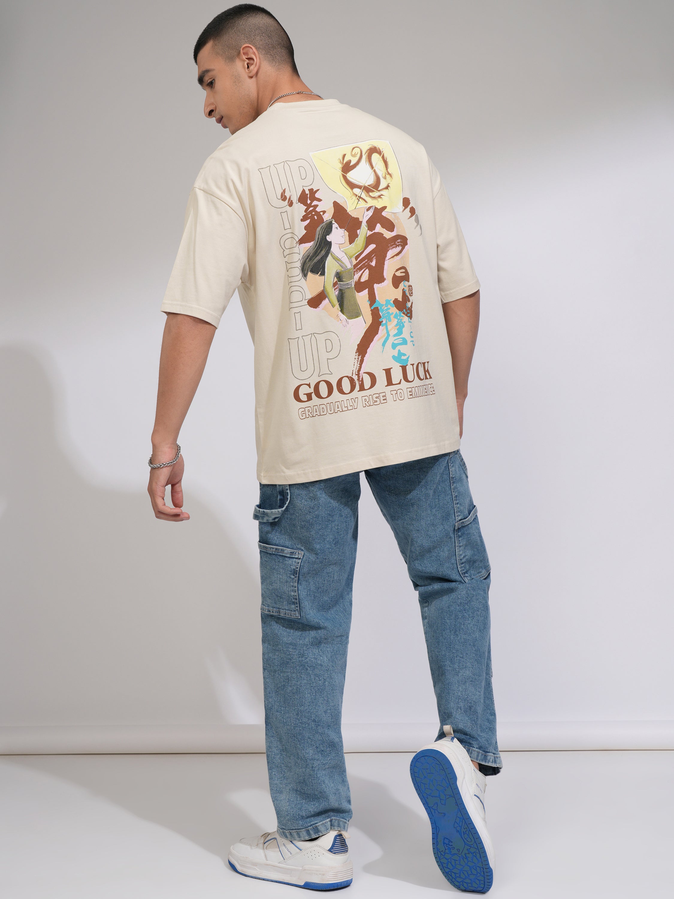 Disney By Highlander Men Cream Mulan Printed Round Neck Oversized Fit T-Shirt - Cream - Image 2