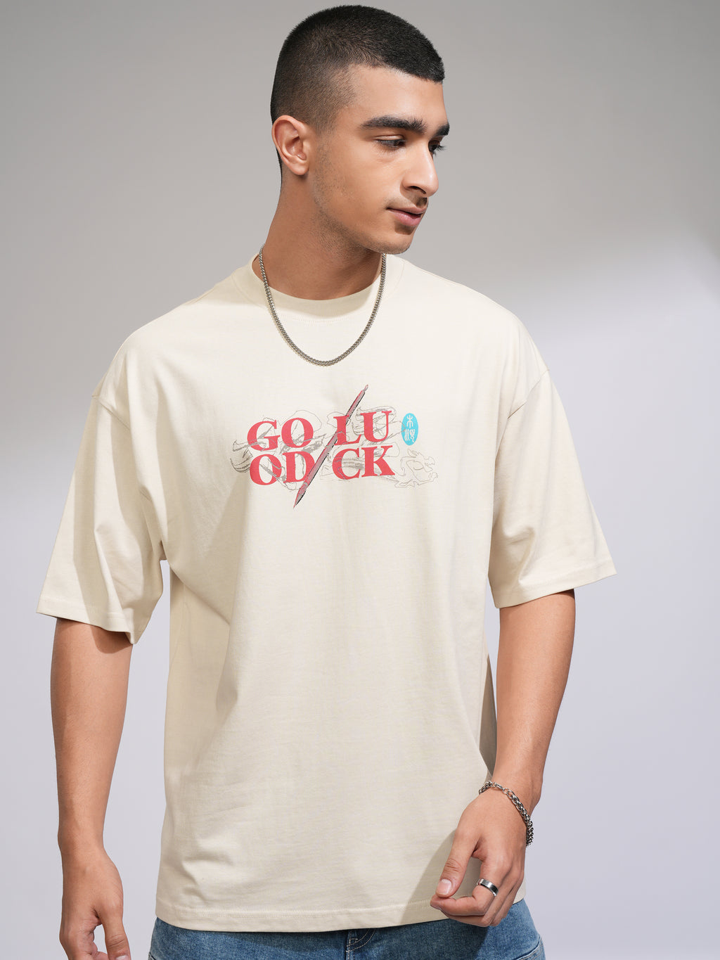 Disney By Highlander Men Cream Mulan Printed Round Neck Oversized Fit T-Shirt - Cream - Image 3
