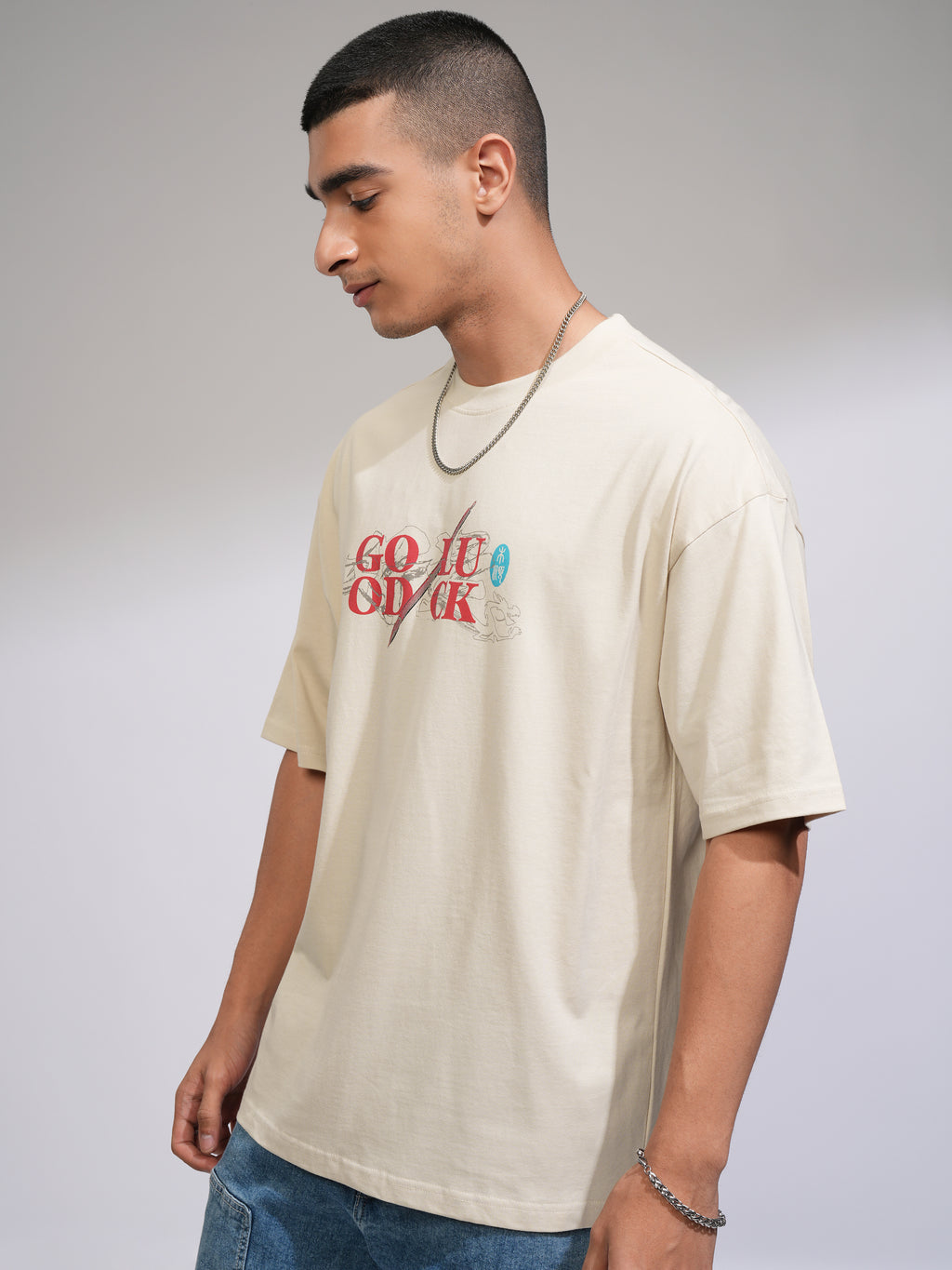Disney By Highlander Men Cream Mulan Printed Round Neck Oversized Fit T-Shirt - Cream - Image 4