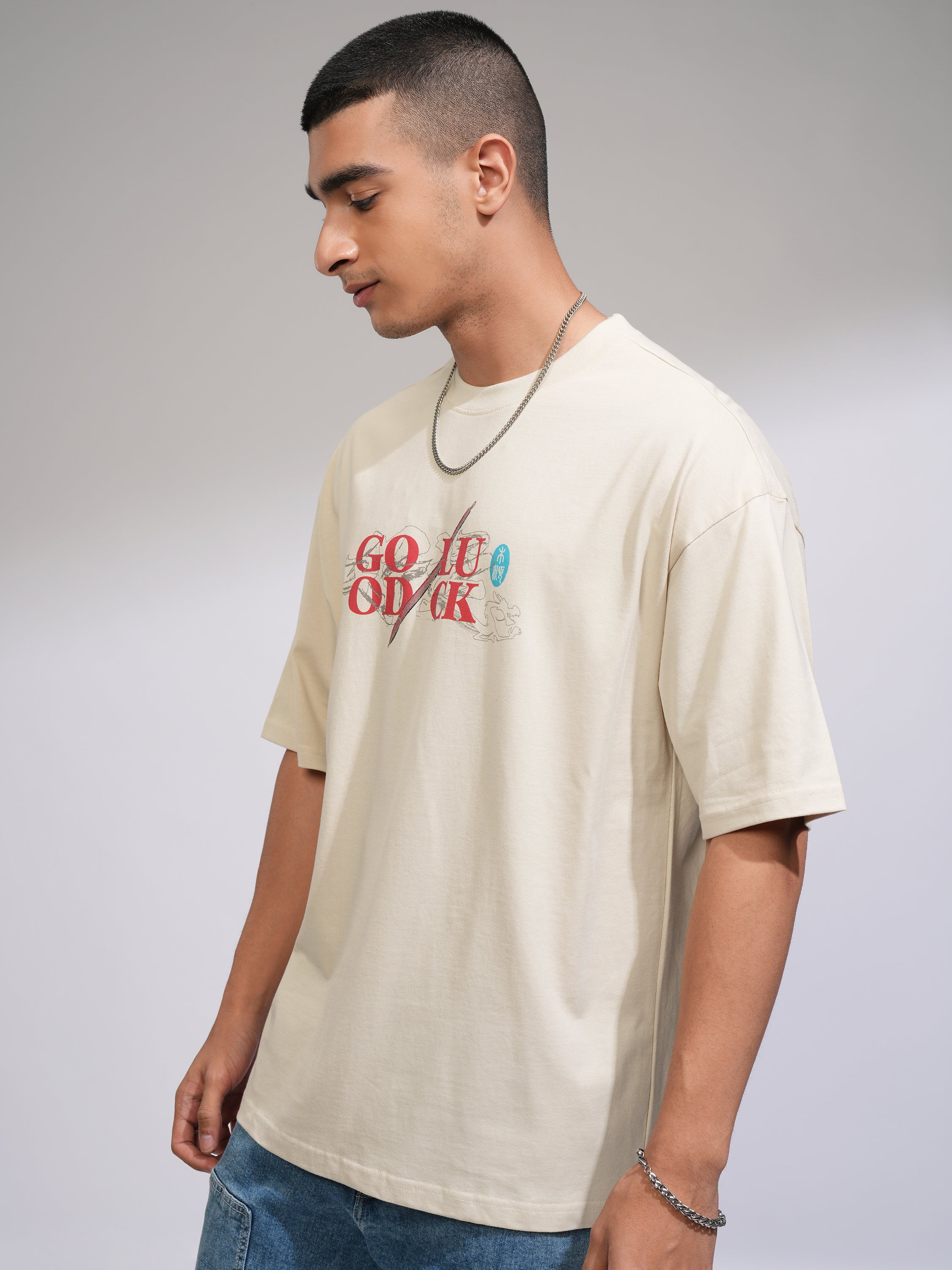 Disney By Highlander Men Cream Mulan Printed Round Neck Oversized Fit T-Shirt - Cream - Image 4