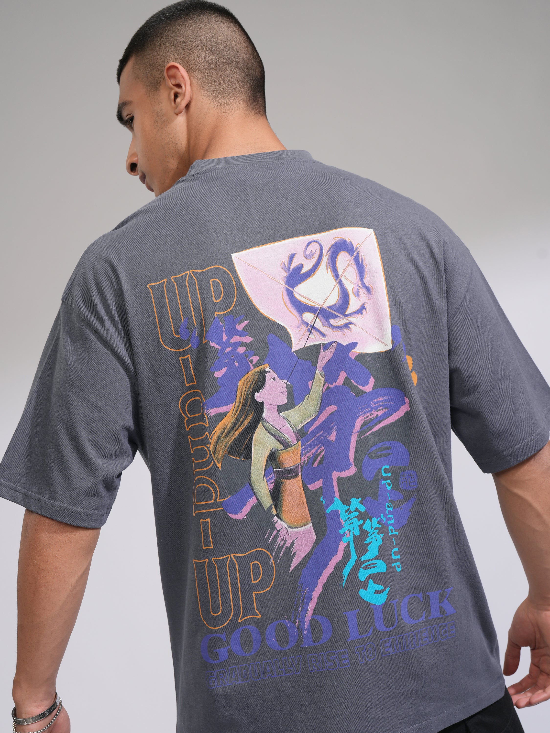 Disney By Highlander Men Grey Mulan Printed Round Neck Oversized Fit T-Shirt - Grey - Image 1