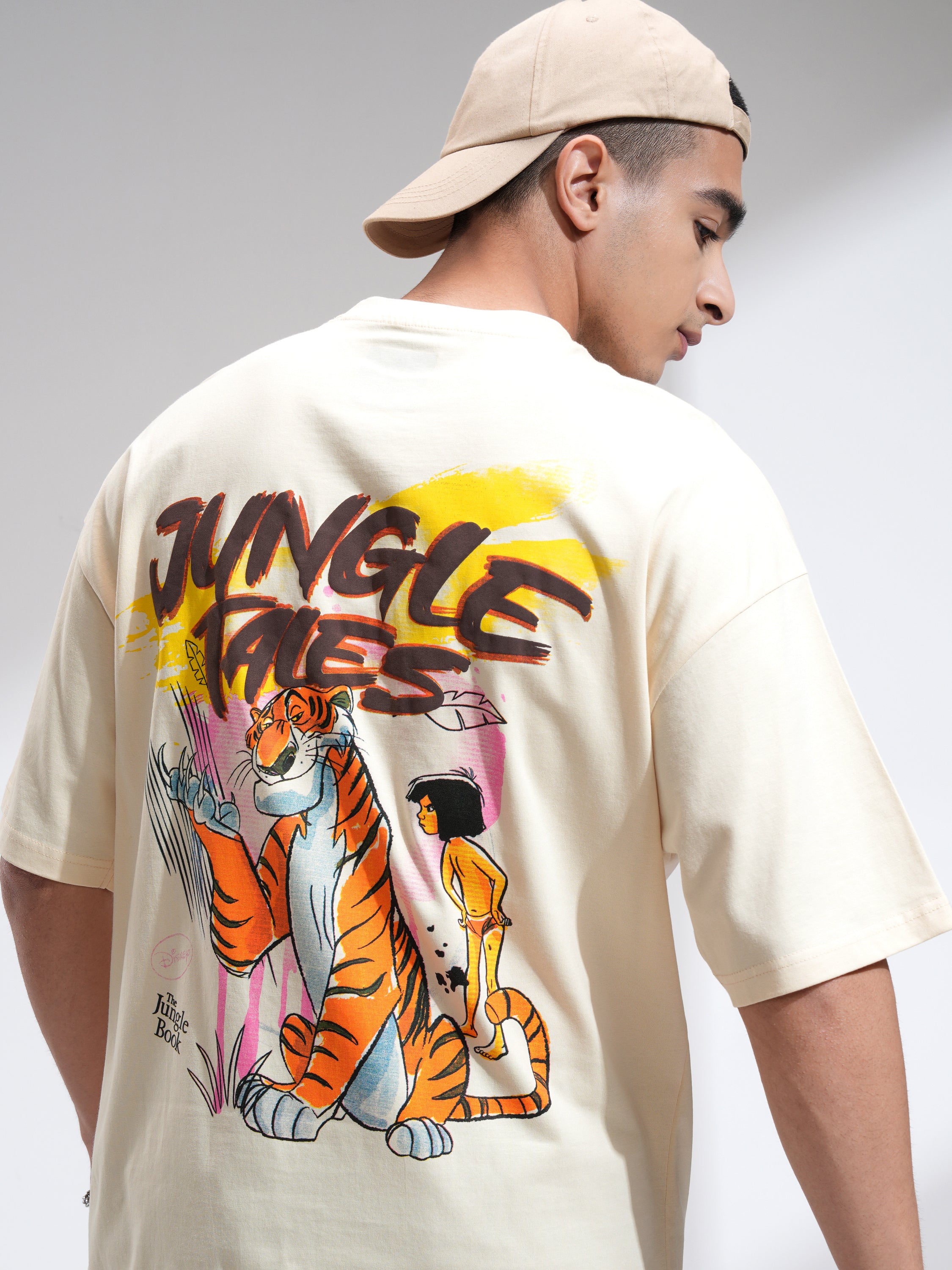 Disney By Highlander Men Cream Sher Khan and Mowgli Printed Round Neck Oversized Fit T-Shirt - Cream - Image 1