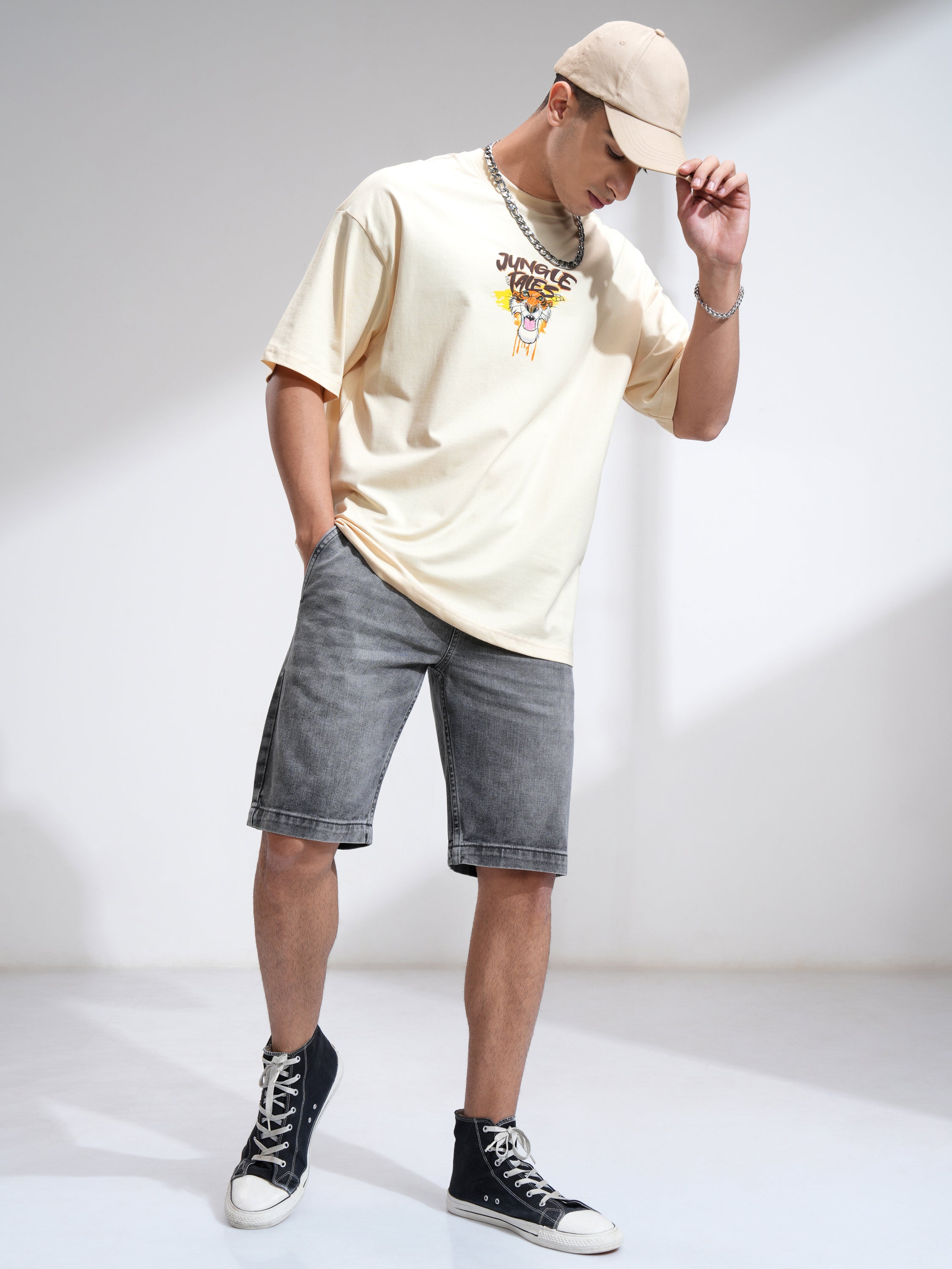 Disney By Highlander Men Cream Sher Khan and Mowgli Printed Round Neck Oversized Fit T-Shirt - Cream - Image 2