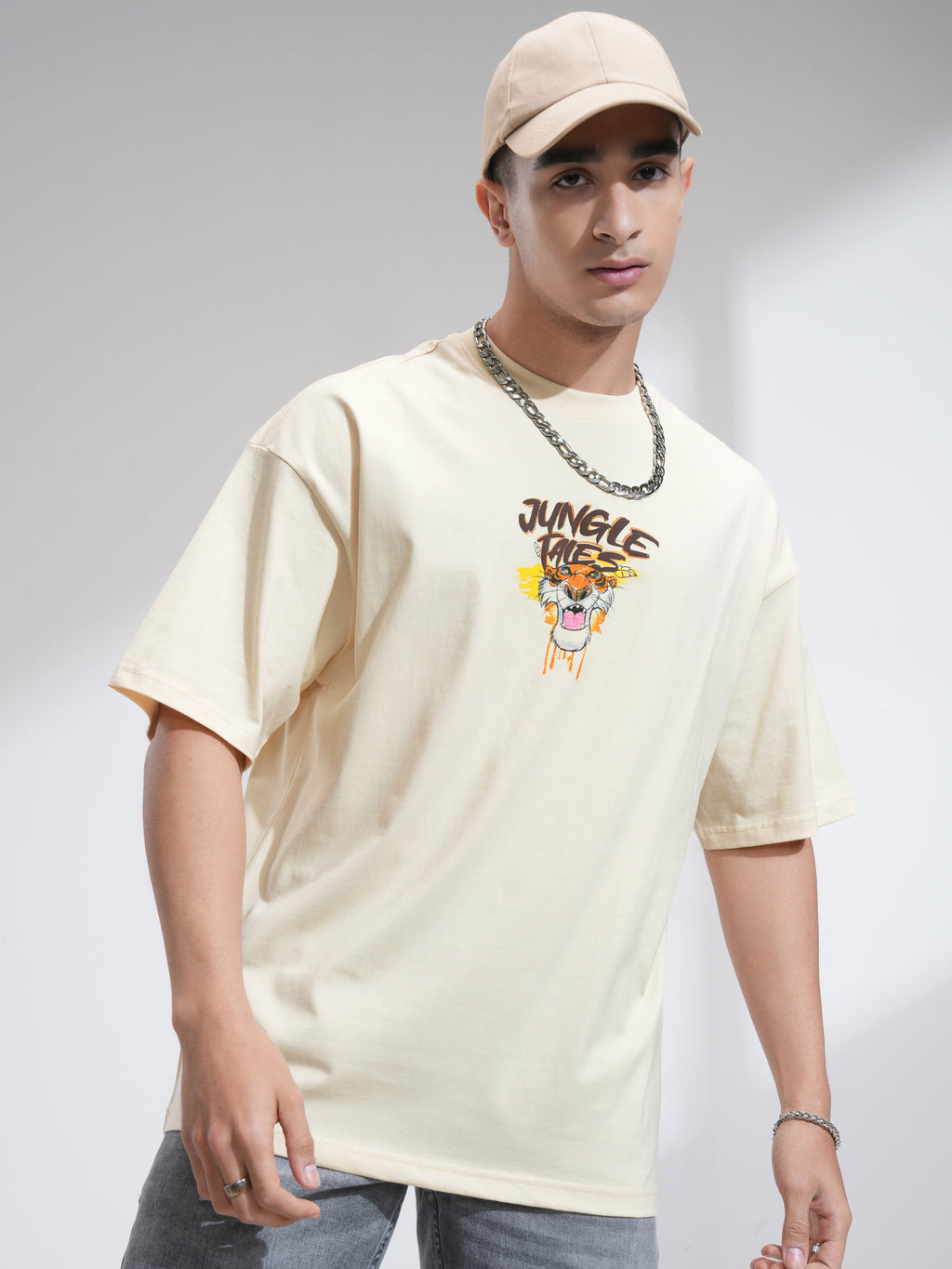 Disney By Highlander Men Cream Sher Khan and Mowgli Printed Round Neck Oversized Fit T-Shirt - Cream - Image 3