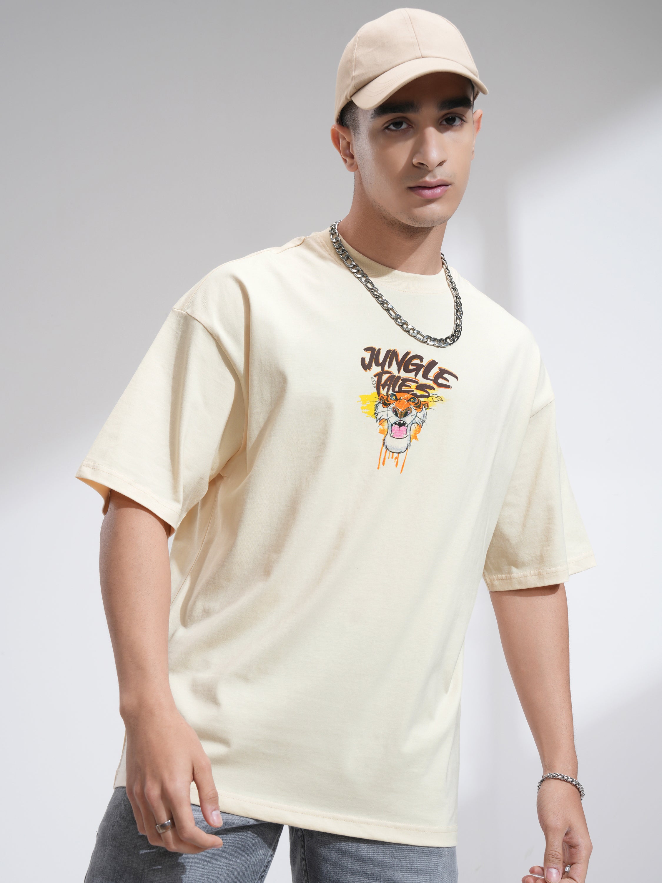 Disney By Highlander Men Cream Sher Khan and Mowgli Printed Round Neck Oversized Fit T-Shirt - Cream - Image 3