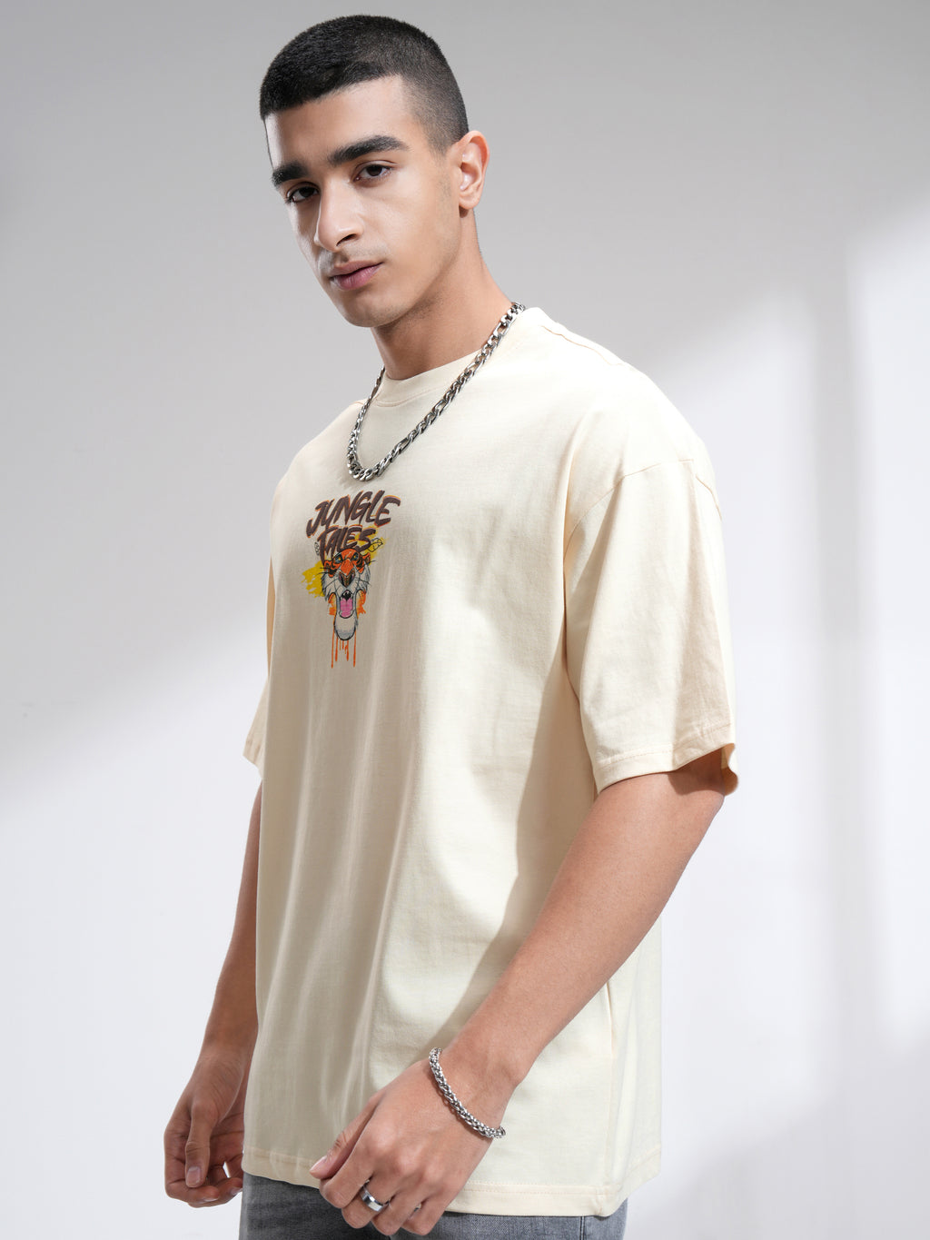 Disney By Highlander Men Cream Sher Khan and Mowgli Printed Round Neck Oversized Fit T-Shirt - Cream - Image 4