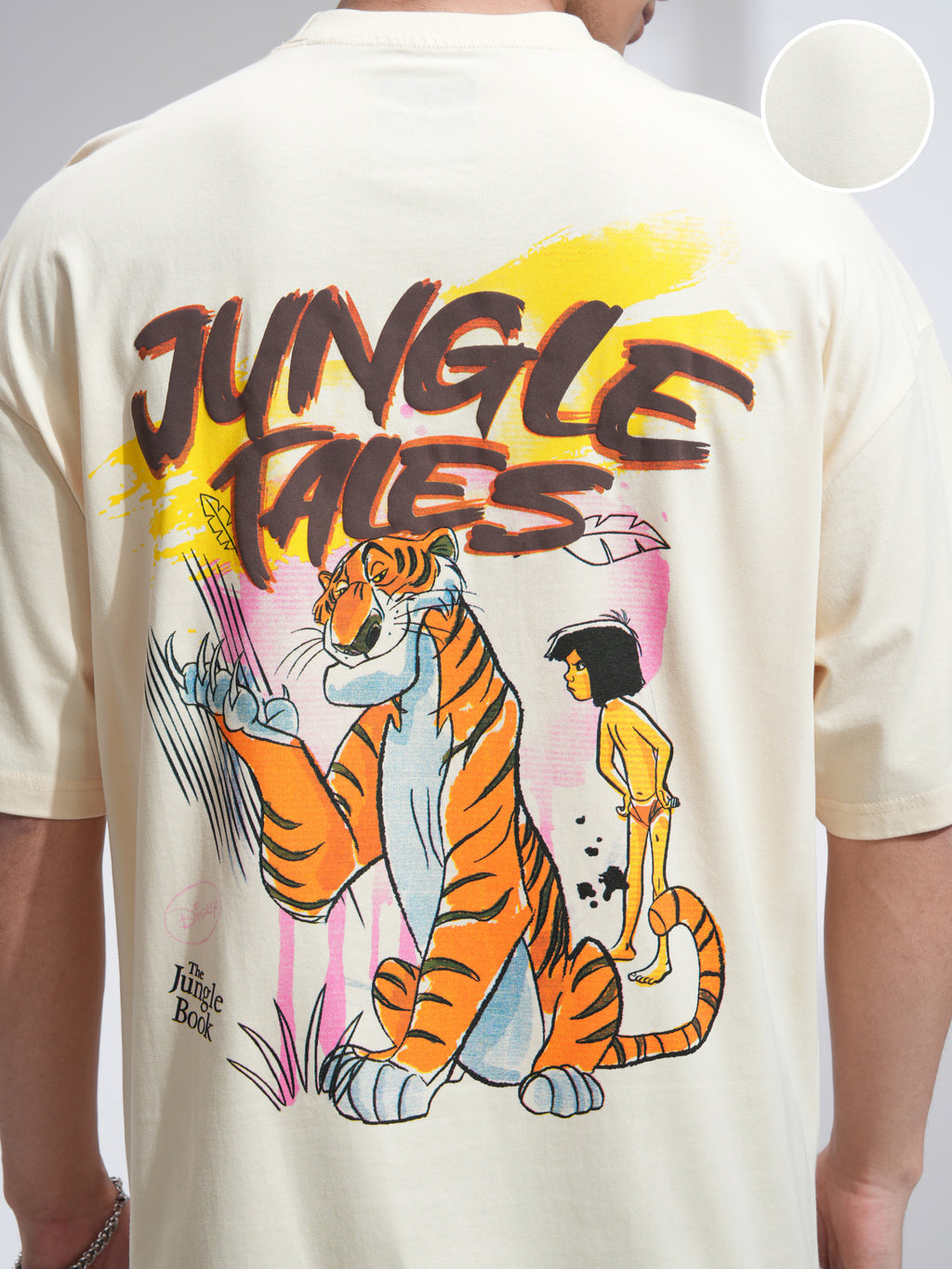 Disney By Highlander Men Cream Sher Khan and Mowgli Printed Round Neck Oversized Fit T-Shirt - Cream - Image 5