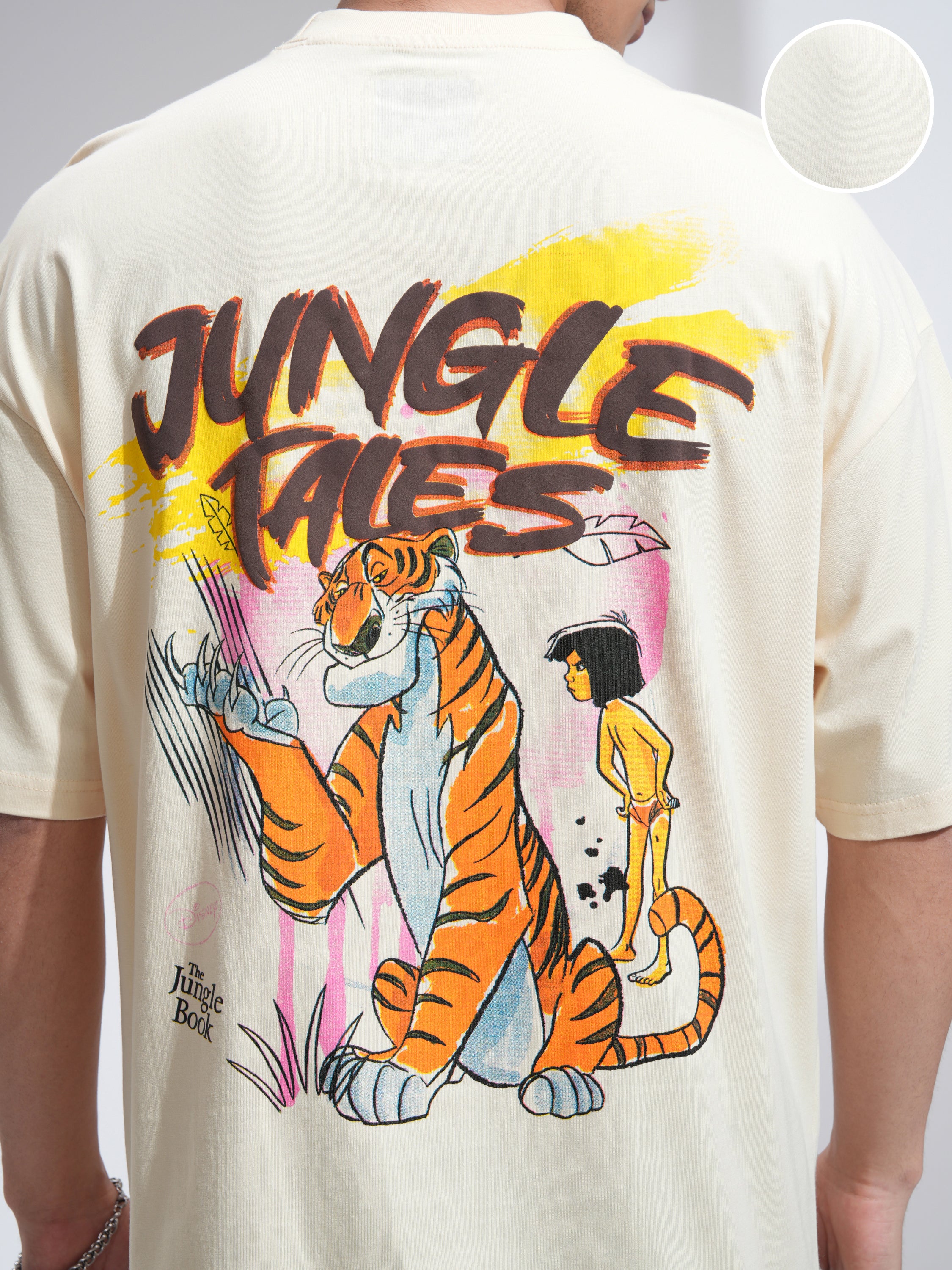 Disney By Highlander Men Cream Sher Khan and Mowgli Printed Round Neck Oversized Fit T-Shirt - Cream - Image 5