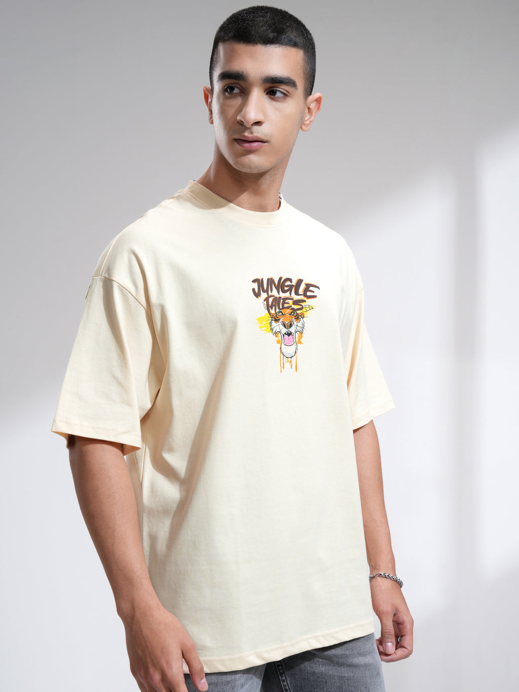 Disney By Highlander Men Cream Sher Khan and Mowgli Printed Round Neck Oversized Fit T-Shirt - Cream - Image 6