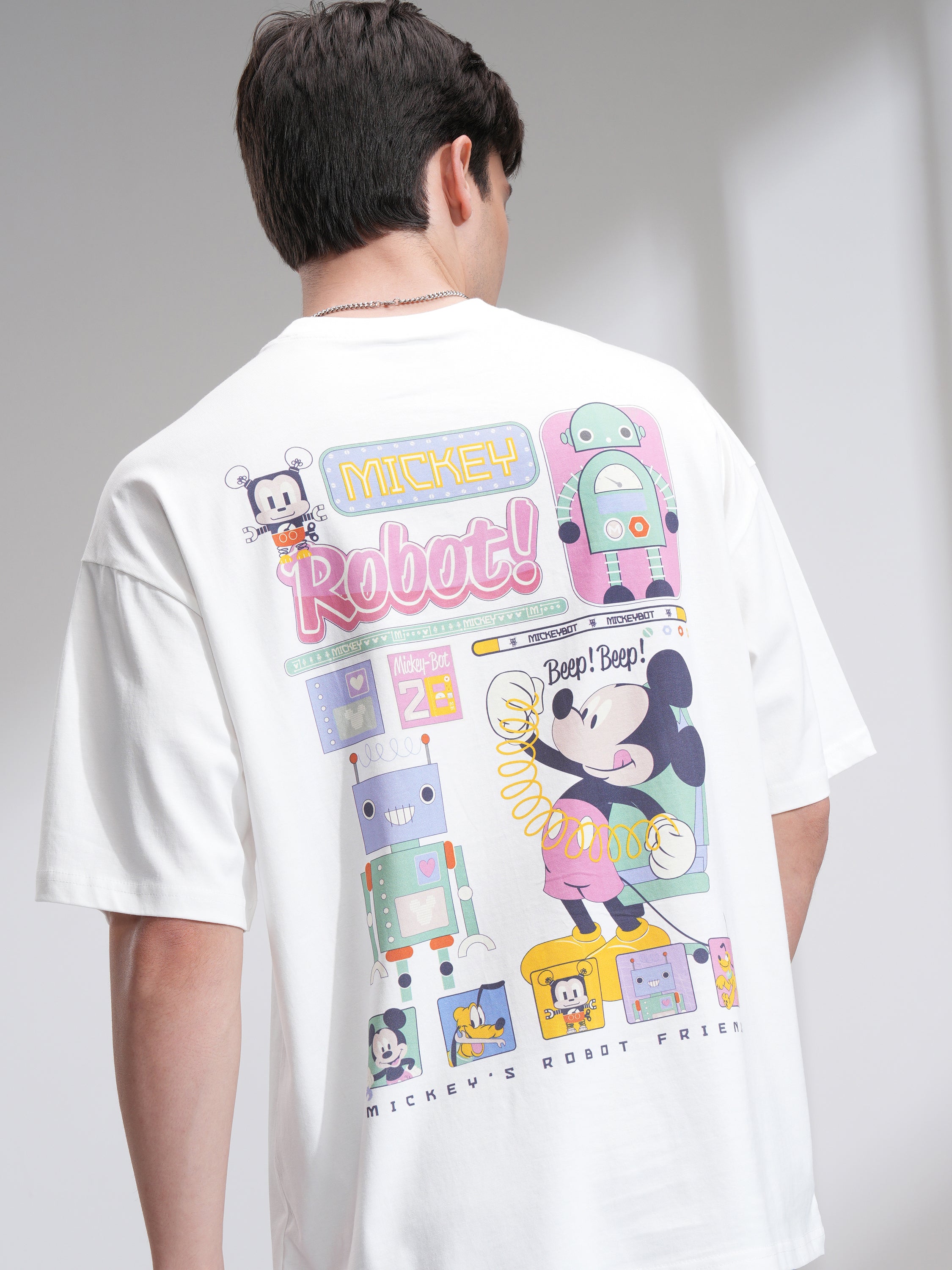 Disney By Highlander Men White Mickey Mouse Printed Round Neck Oversized Fit T-Shirt - White - Image 1