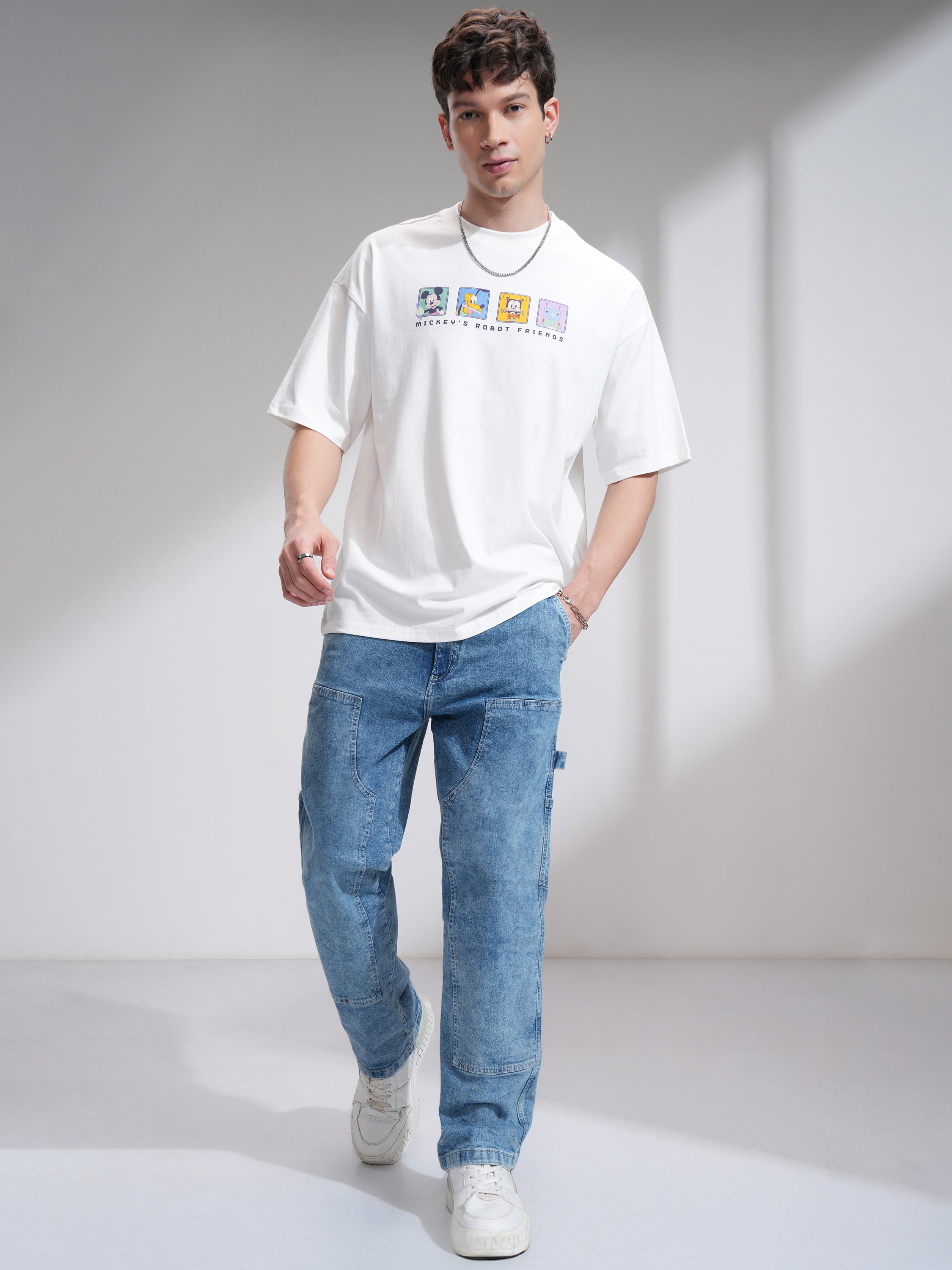 Disney By Highlander Men White Mickey Mouse Printed Round Neck Oversized Fit T-Shirt - White - Image 2