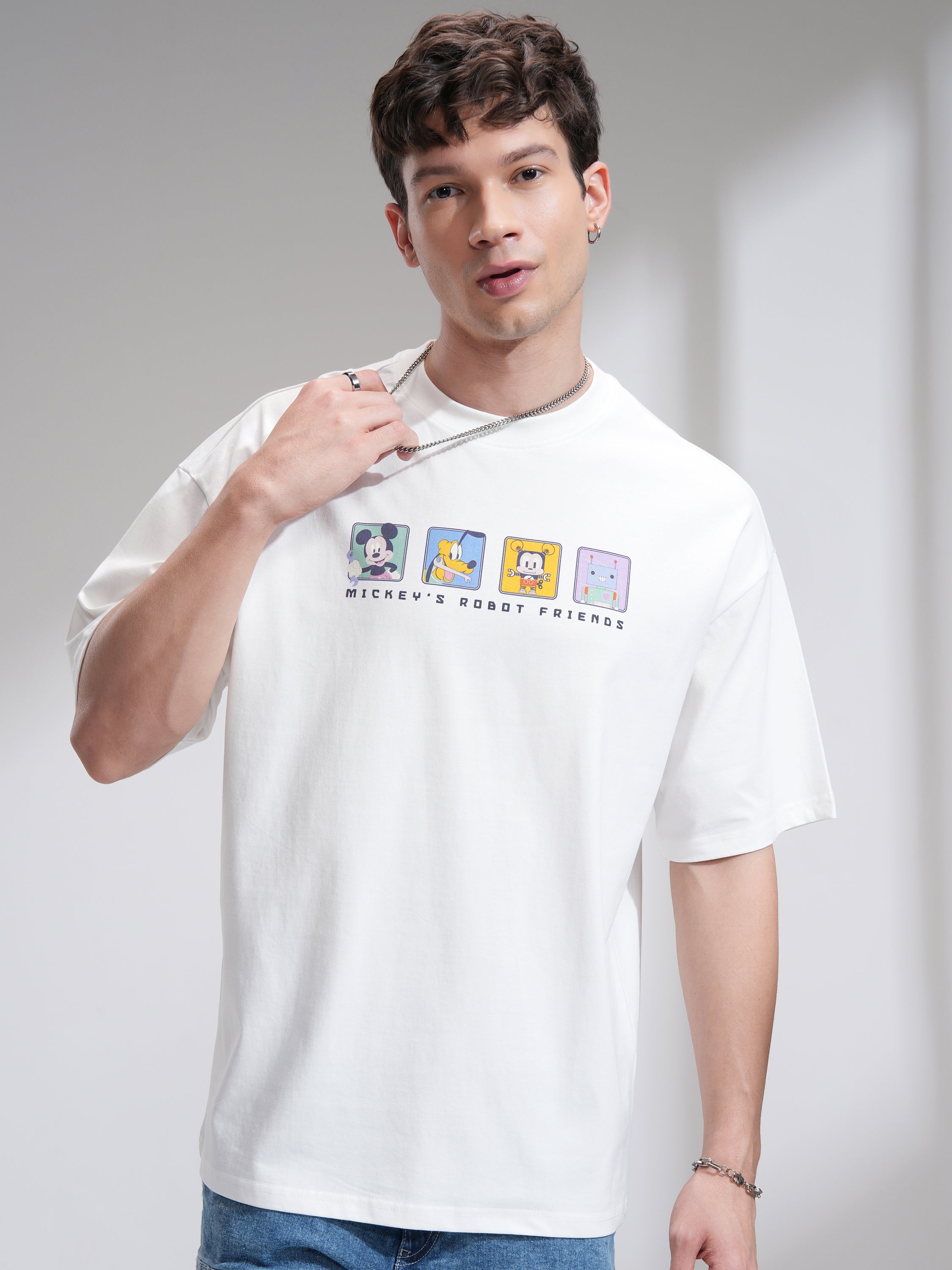 Disney By Highlander Men White Mickey Mouse Printed Round Neck Oversized Fit T-Shirt - White - Image 3