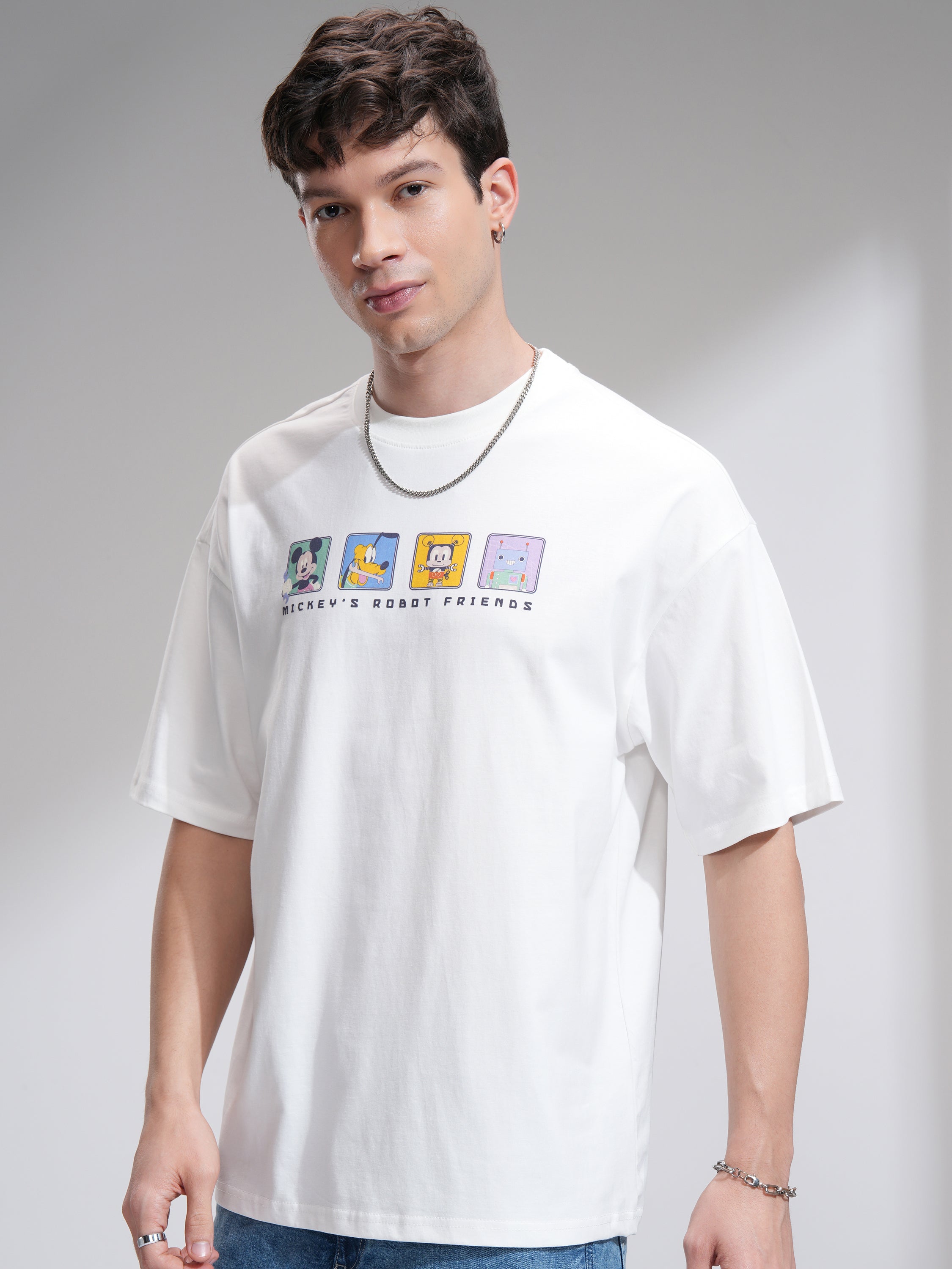 Disney By Highlander Men White Mickey Mouse Printed Round Neck Oversized Fit T-Shirt - White - Image 4