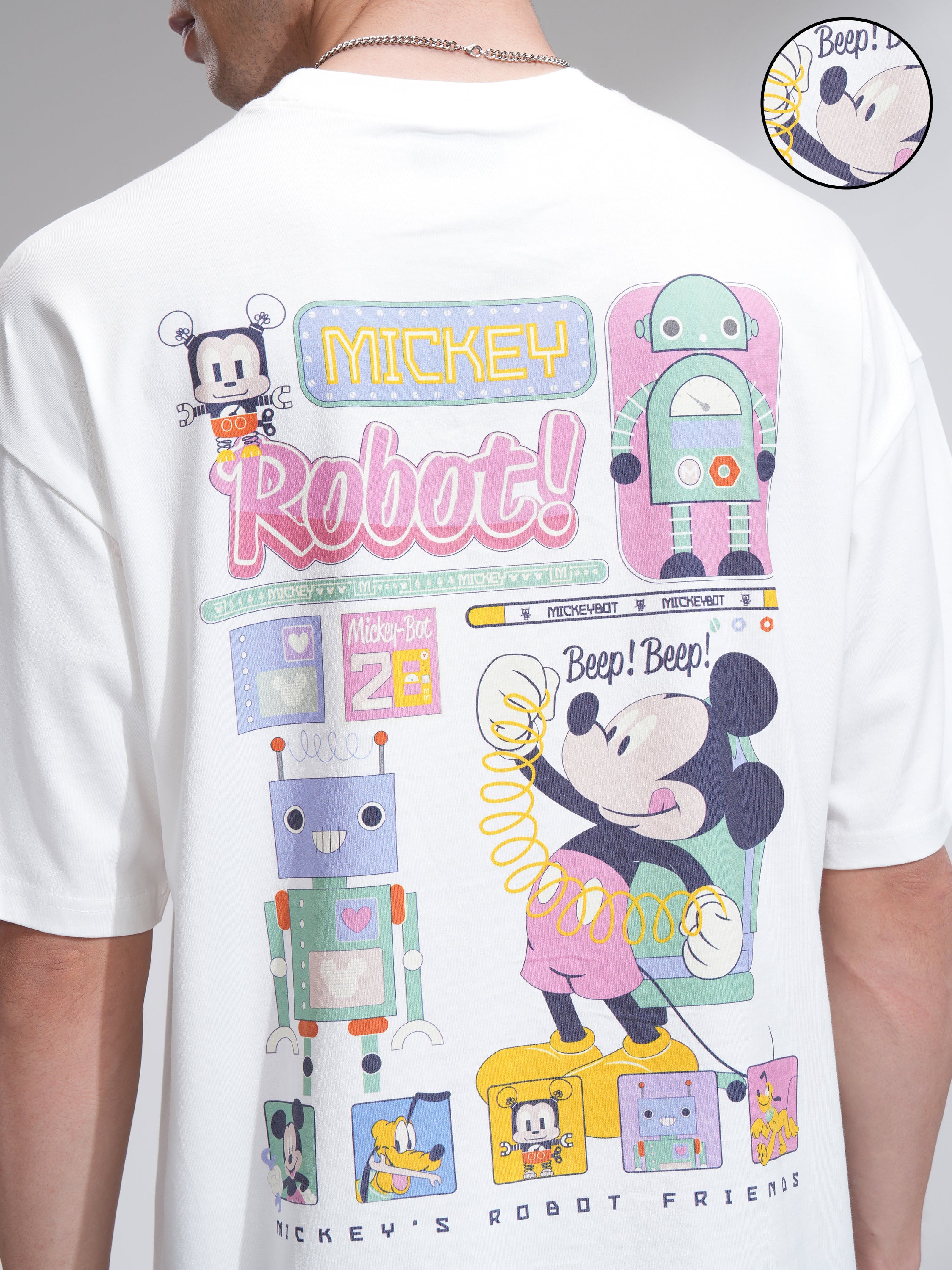 Disney By Highlander Men White Mickey Mouse Printed Round Neck Oversized Fit T-Shirt - White - Image 5