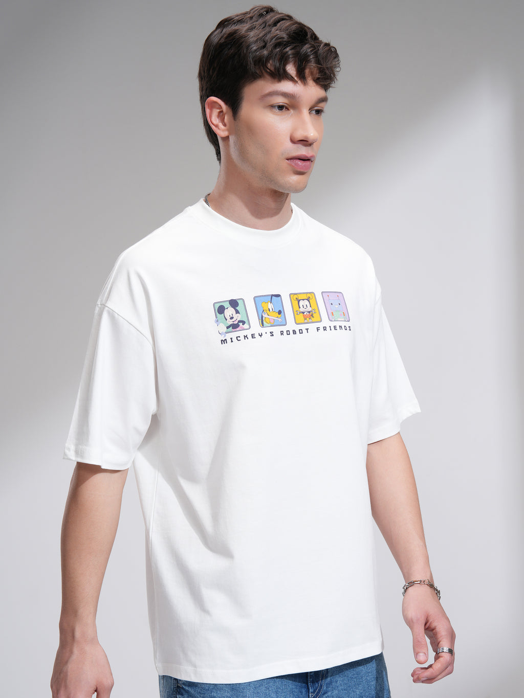 Disney By Highlander Men White Mickey Mouse Printed Round Neck Oversized Fit T-Shirt - White - Image 6