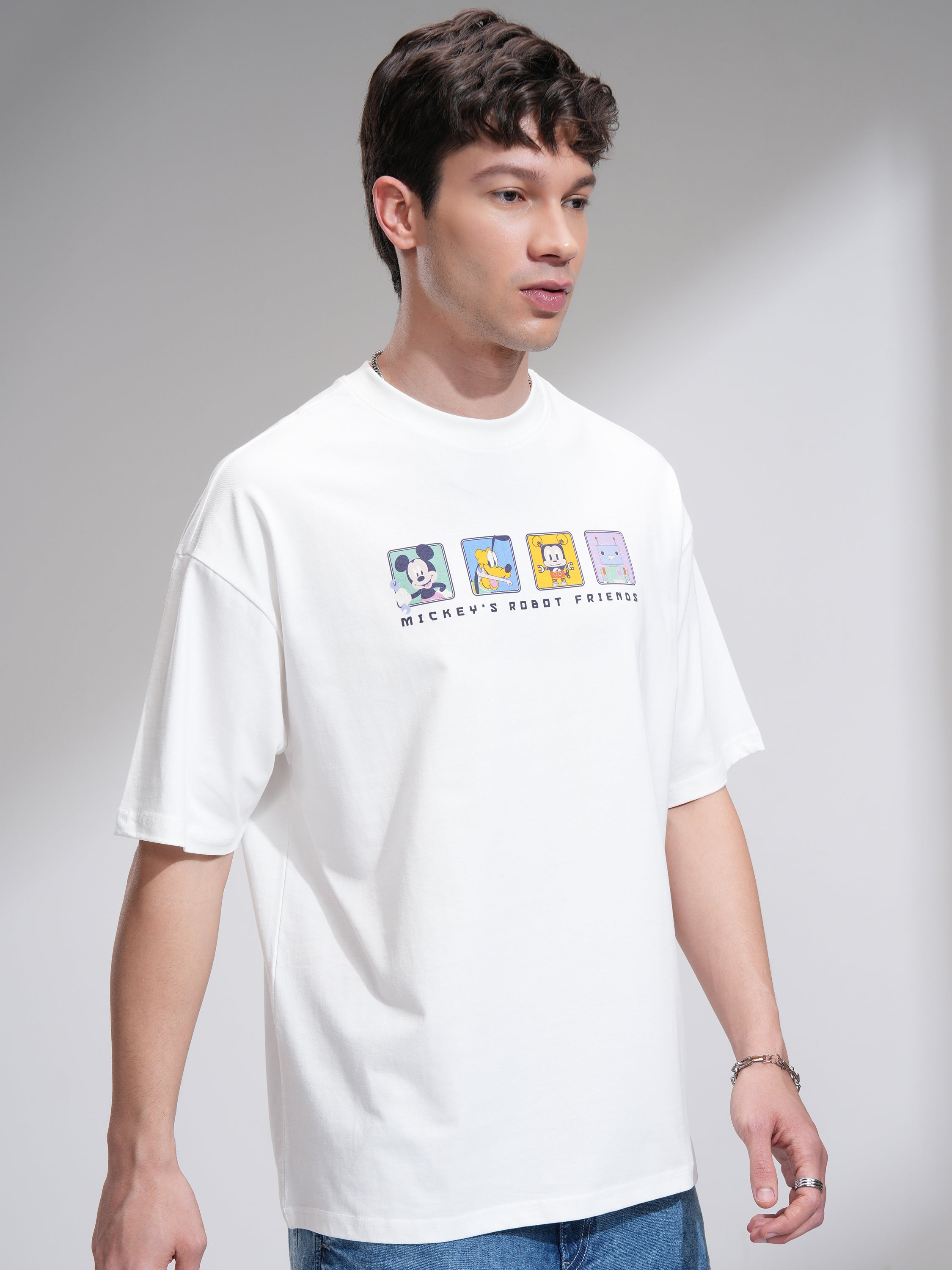 Disney By Highlander Men White Mickey Mouse Printed Round Neck Oversized Fit T-Shirt - White - Image 6