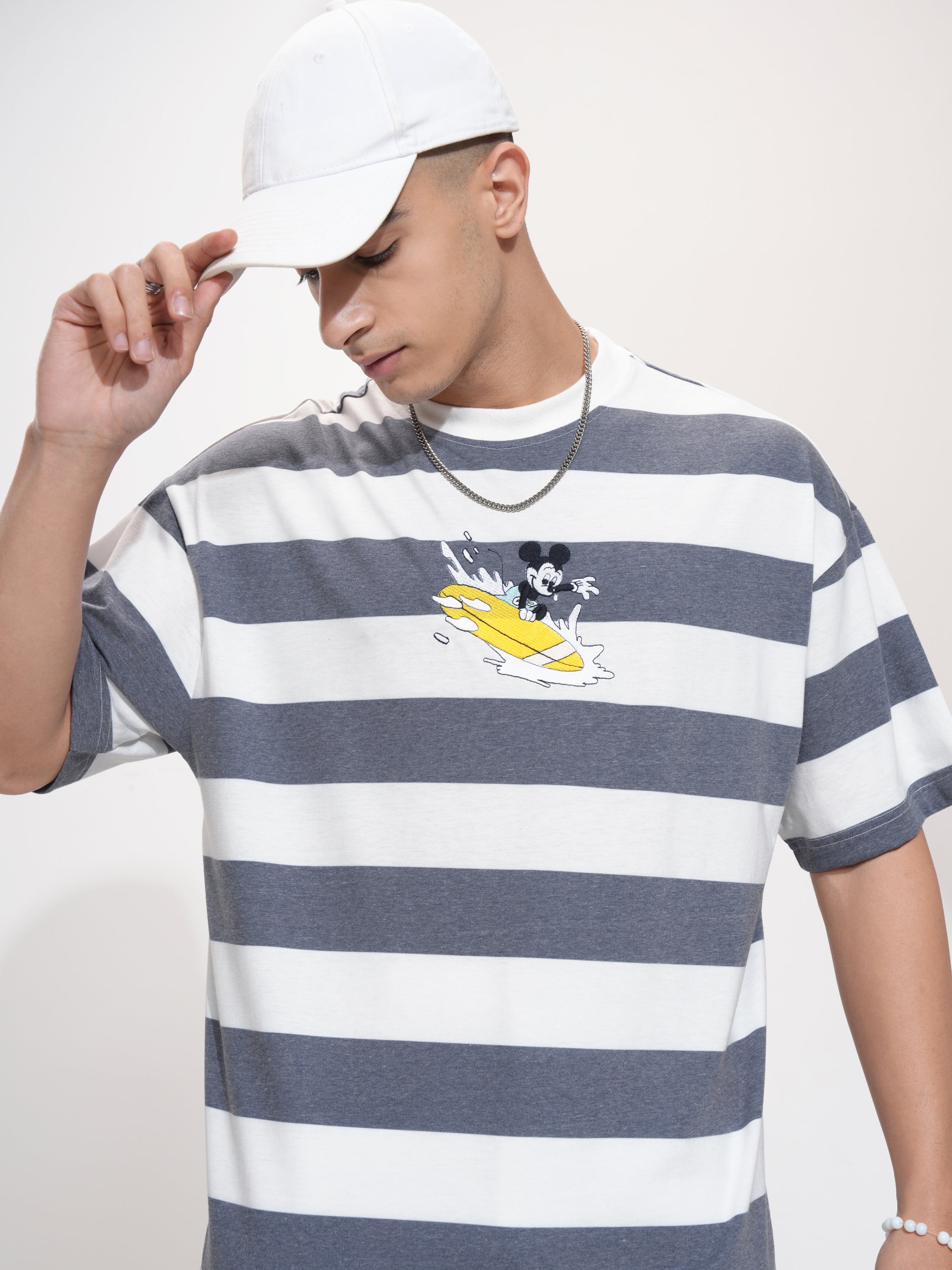 Disney By Highlander Men Navy Blue Mickey Mouse Printed Round Neck Oversized Fit T-Shirt - Navy Blue - Image 1