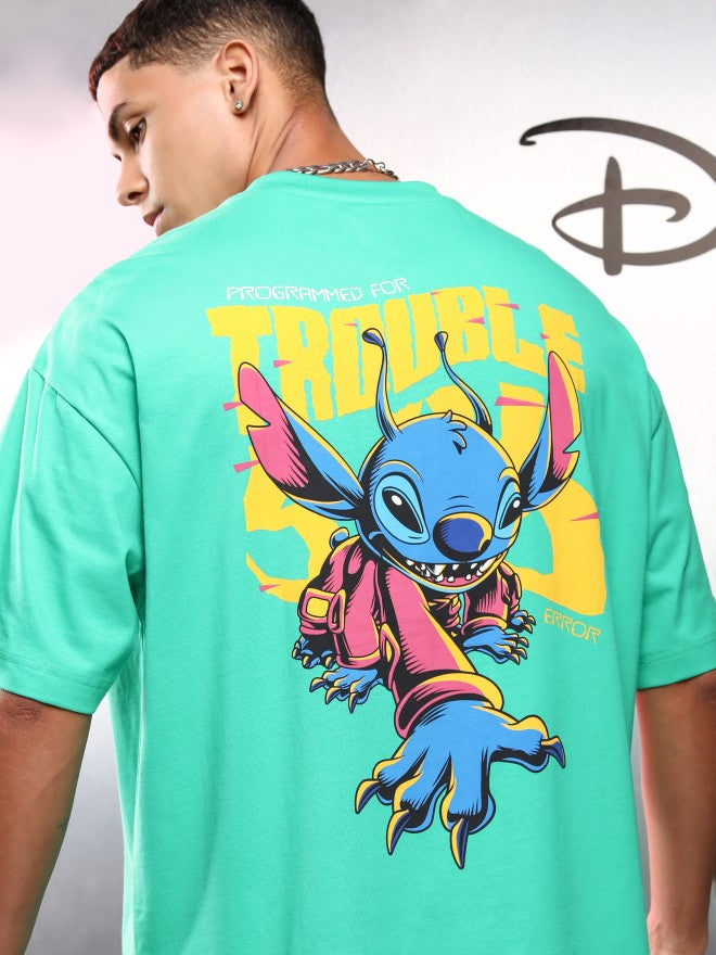 Disney By Highlander Men Green Stitch Printed Round Neck Oversized Fit T-Shirt - Green - Image 1