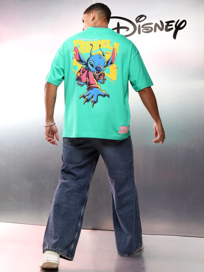 Disney By Highlander Men Green Stitch Printed Round Neck Oversized Fit T-Shirt - Green - Image 2