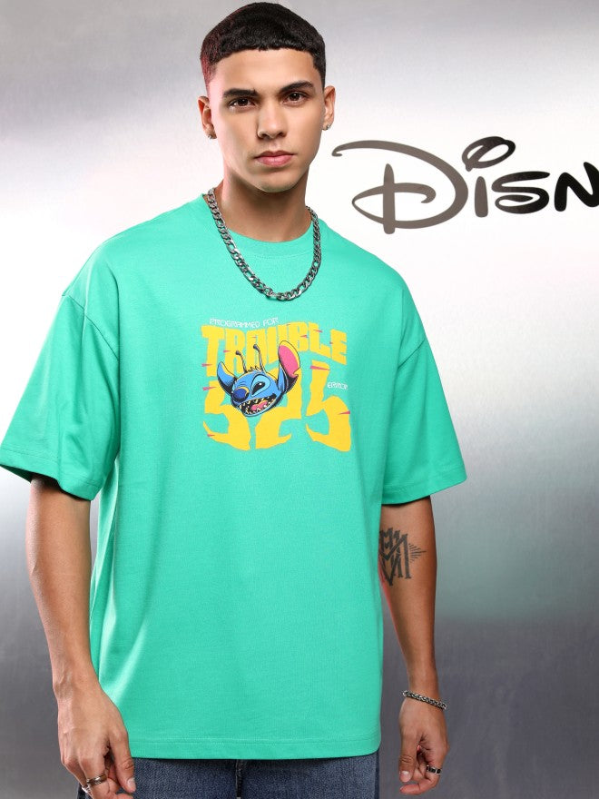 Disney By Highlander Men Green Stitch Printed Round Neck Oversized Fit T-Shirt - Green - Image 3