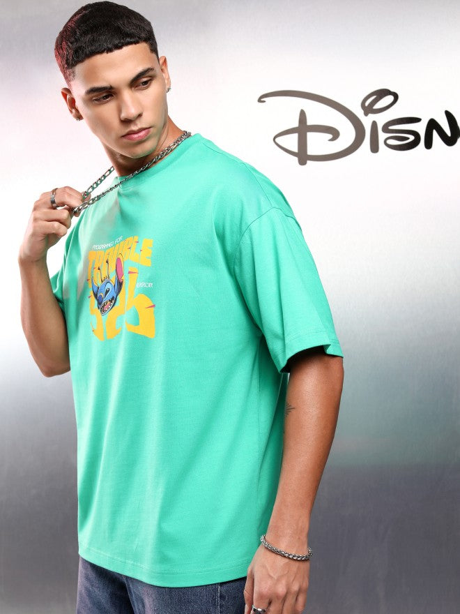 Disney By Highlander Men Green Stitch Printed Round Neck Oversized Fit T-Shirt - Green - Image 4