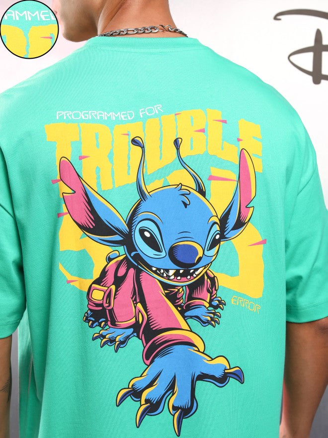 Disney By Highlander Men Green Stitch Printed Round Neck Oversized Fit T-Shirt - Green - Image 5