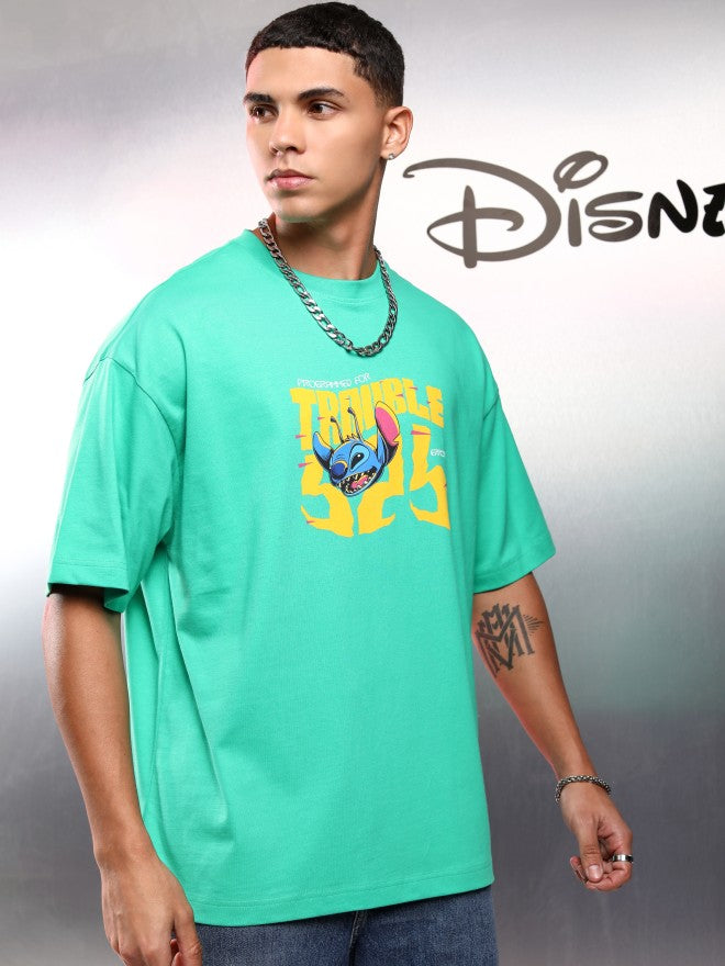 Disney By Highlander Men Green Stitch Printed Round Neck Oversized Fit T-Shirt - Green - Image 6