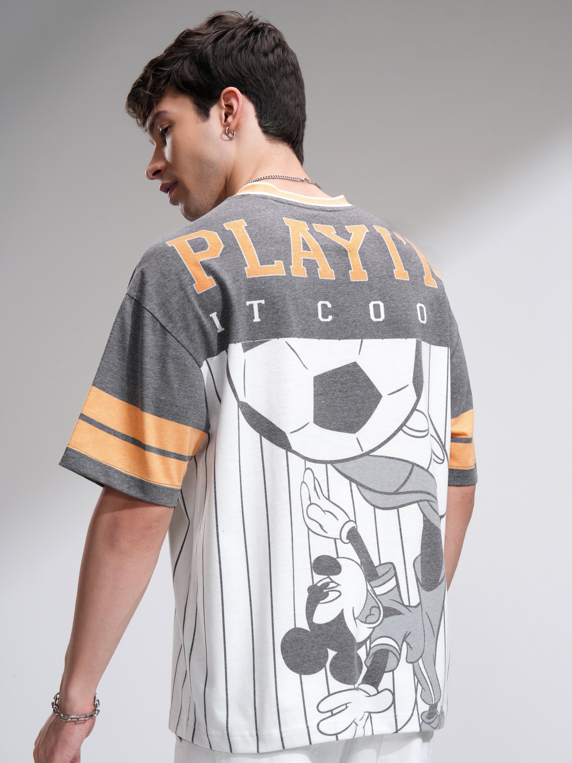 Disney By Highlander Men White Mickey Mouse Printed V-Neck Oversized Fit T-Shirt - White - Image 3