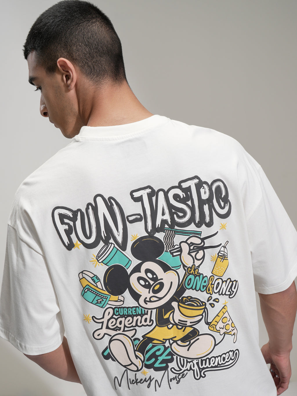 Disney By Highlander Men Off White Mickey Mouse Printed Round Neck Oversized Fit T-Shirt - Off White - Image 1
