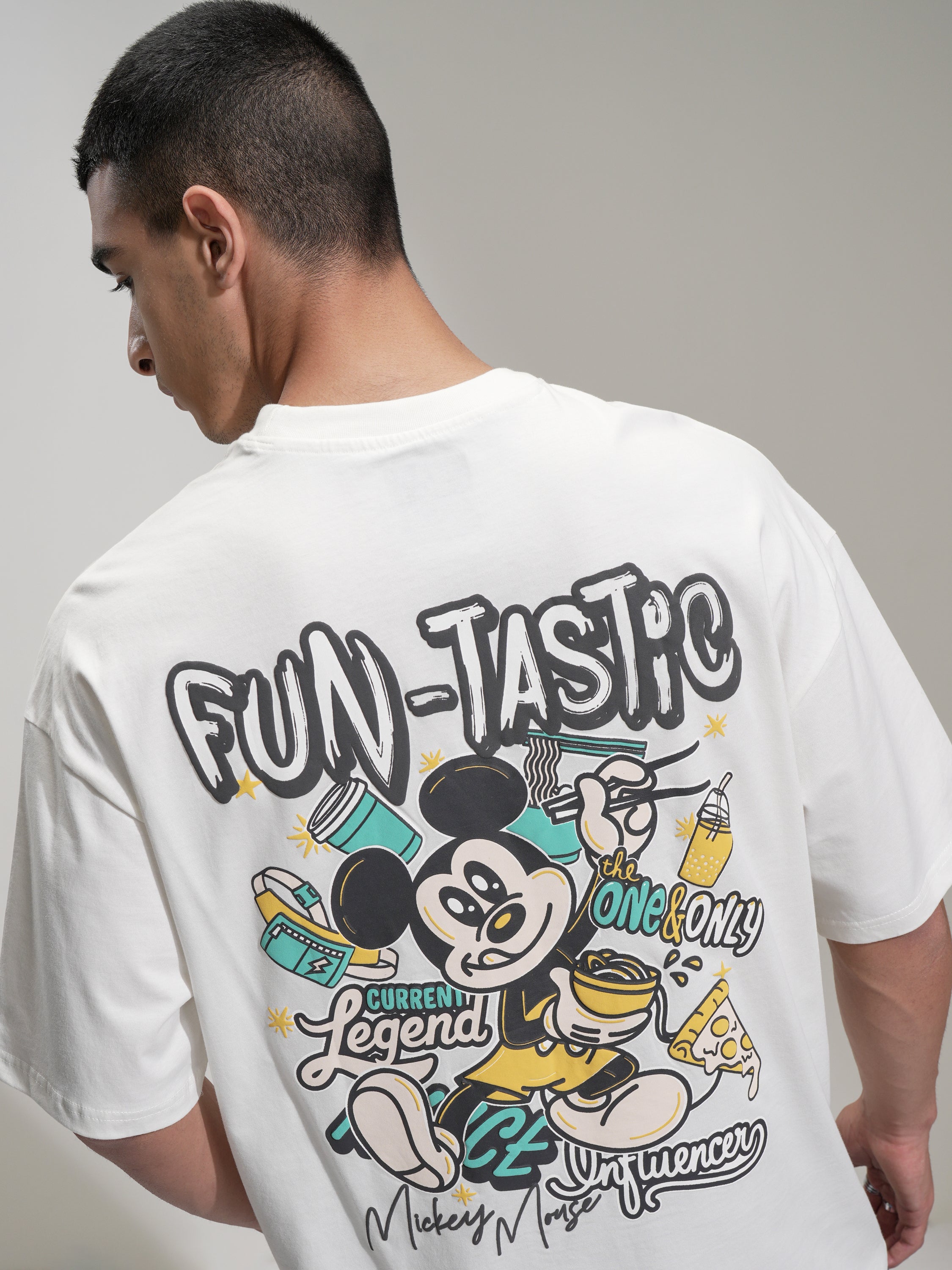 Disney By Highlander Men Off White Mickey Mouse Printed Round Neck Oversized Fit T-Shirt - Off White - Image 1