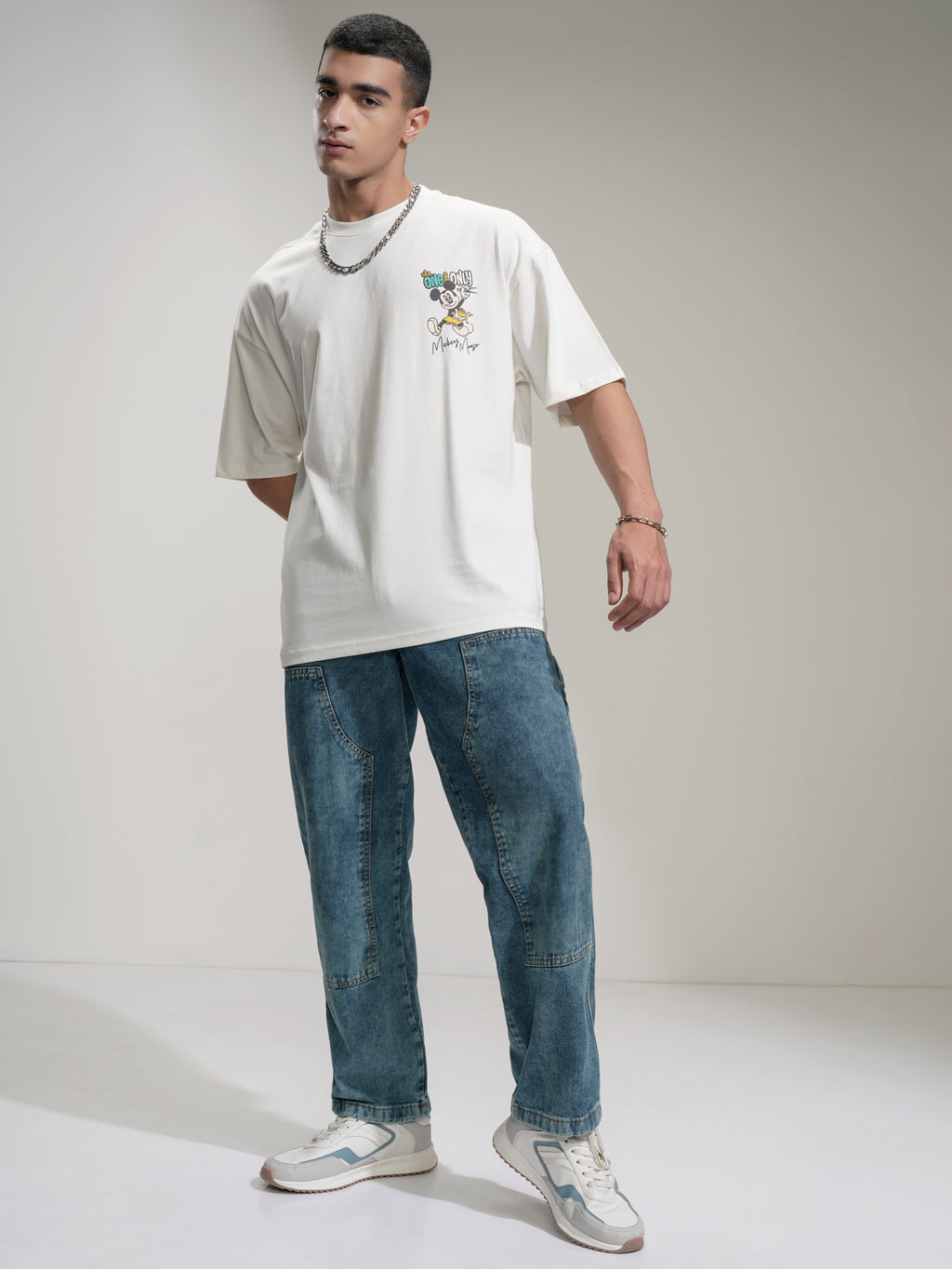 Disney By Highlander Men Off White Mickey Mouse Printed Round Neck Oversized Fit T-Shirt - Off White - Image 2