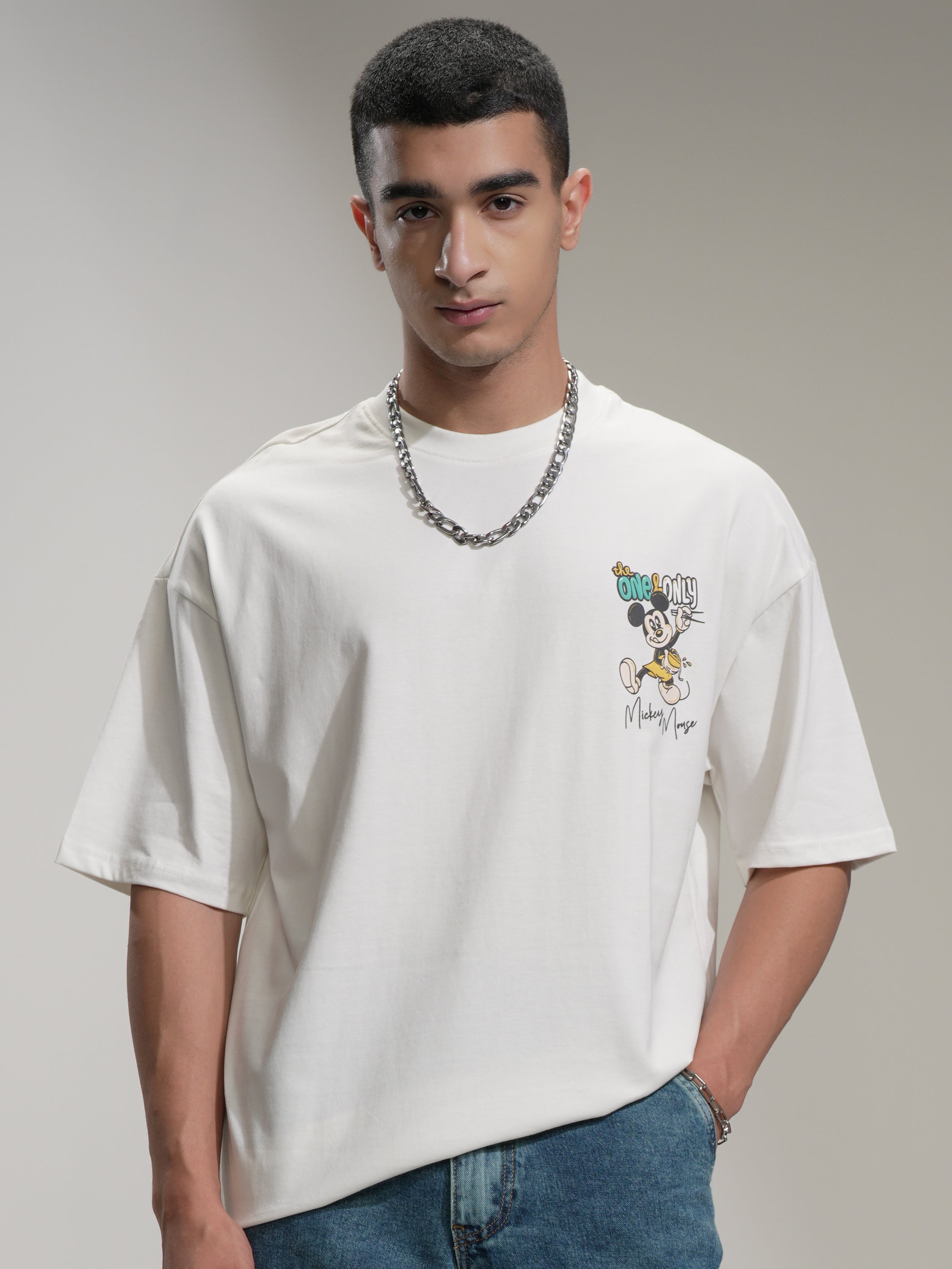 Disney By Highlander Men Off White Mickey Mouse Printed Round Neck Oversized Fit T-Shirt - Off White - Image 3