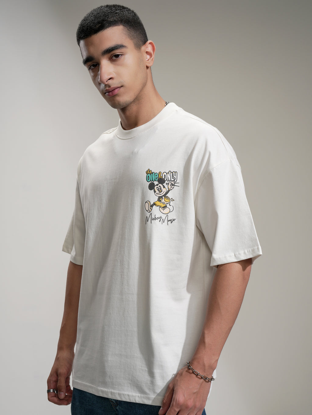 Disney By Highlander Men Off White Mickey Mouse Printed Round Neck Oversized Fit T-Shirt - Off White - Image 4