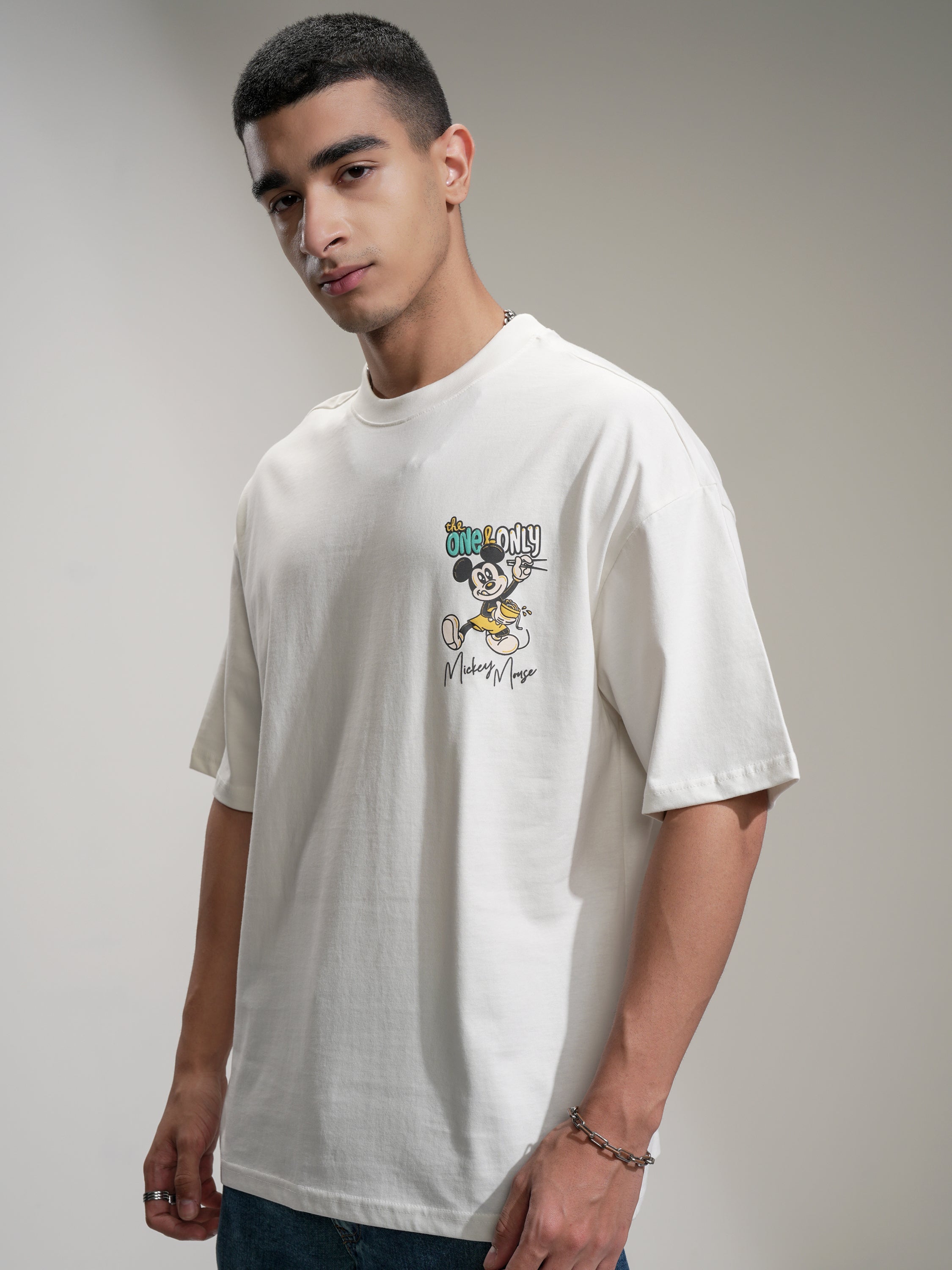 Disney By Highlander Men Off White Mickey Mouse Printed Round Neck Oversized Fit T-Shirt - Off White - Image 4