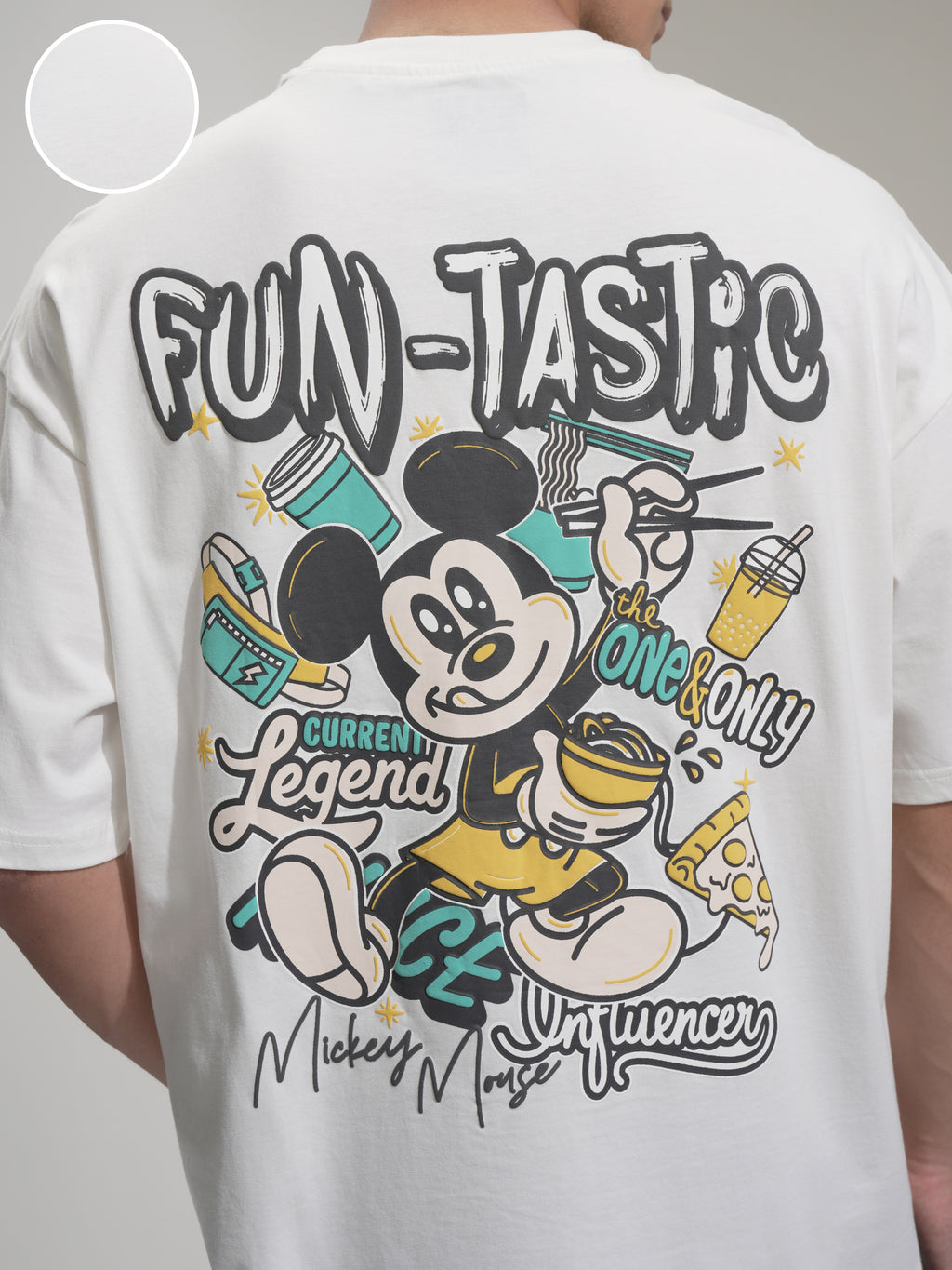 Disney By Highlander Men Off White Mickey Mouse Printed Round Neck Oversized Fit T-Shirt - Off White - Image 5