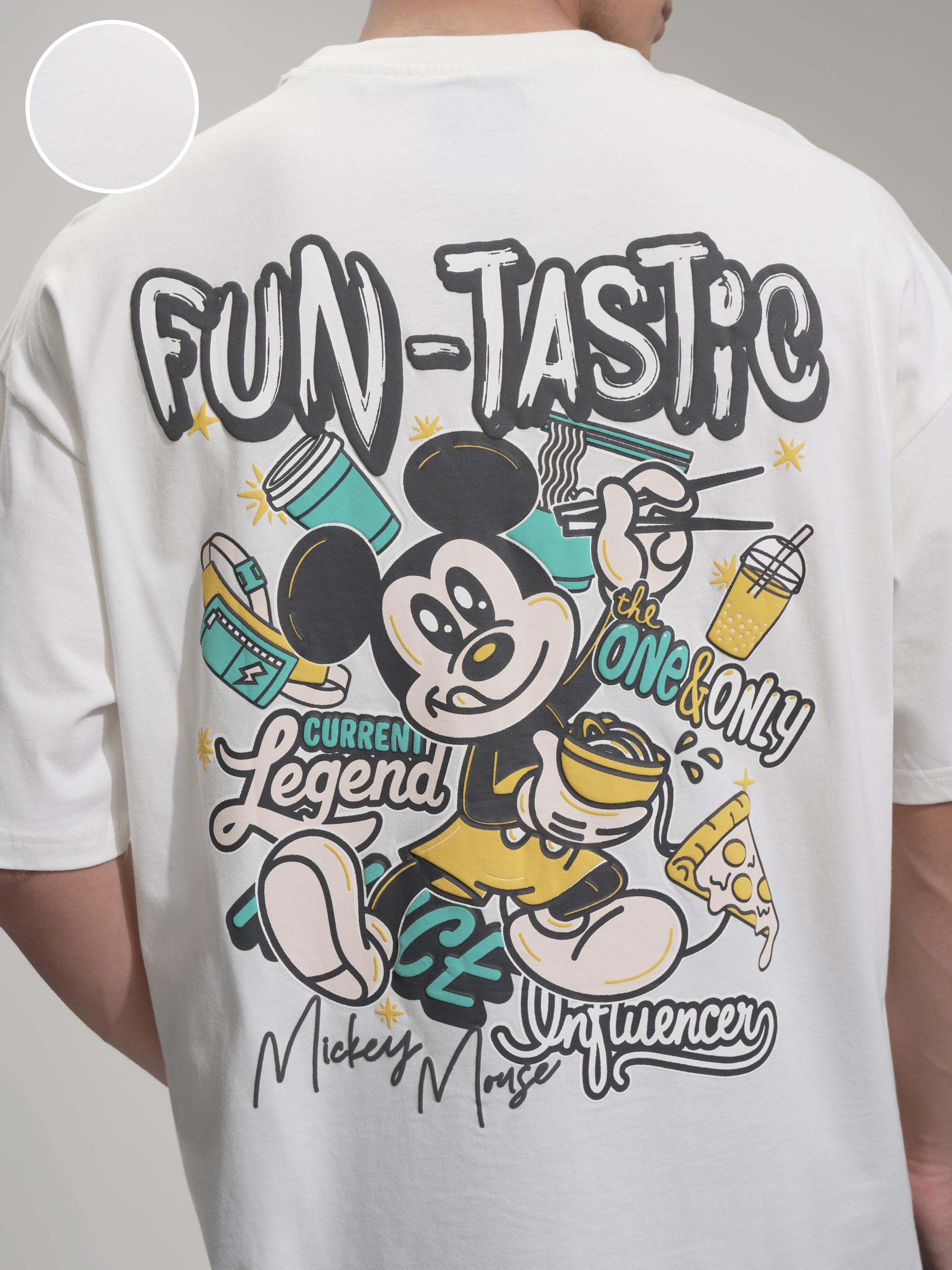 Disney By Highlander Men Off White Mickey Mouse Printed Round Neck Oversized Fit T-Shirt - Off White - Image 5